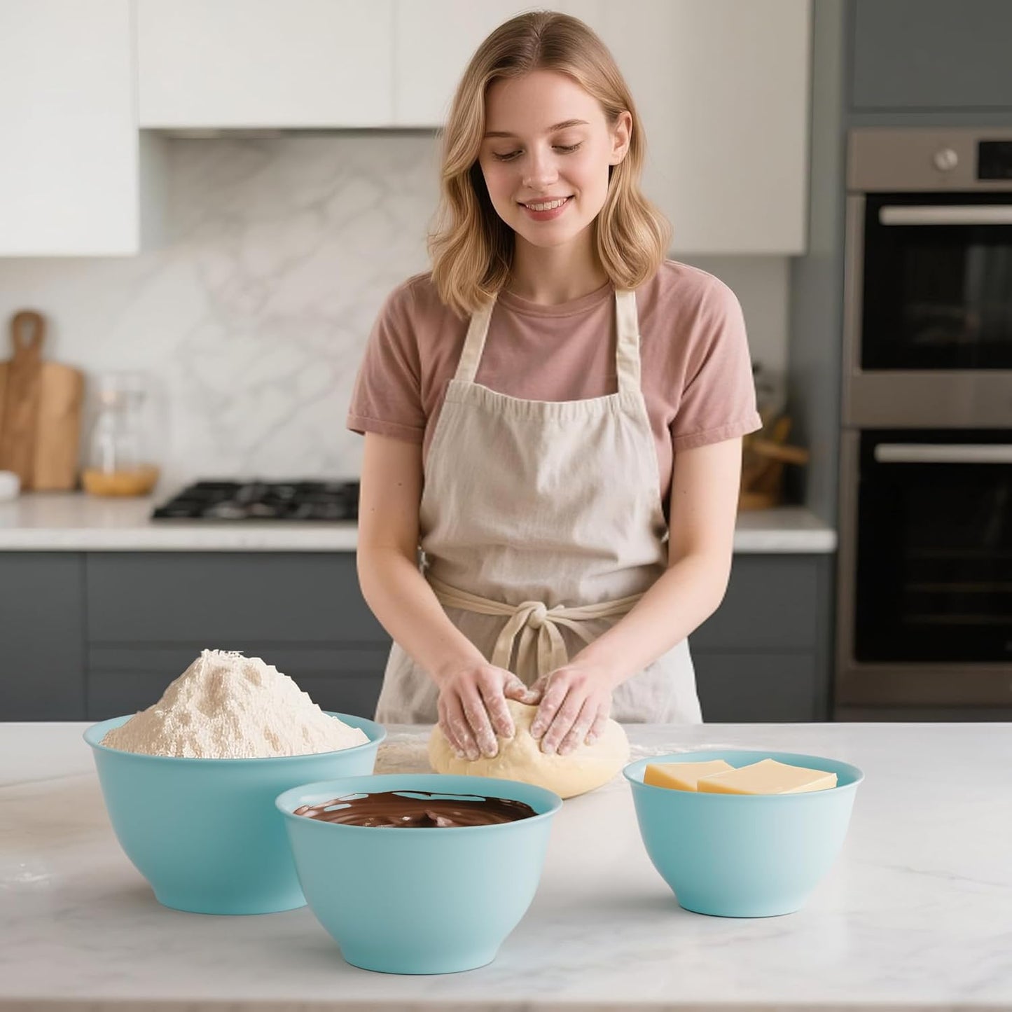 TP Large Mixing Bowl Set with Lids, Melamine Nesting Bowls Set for Pasta Baking Salad Mixing, Set of 3, Glossy Turquoise