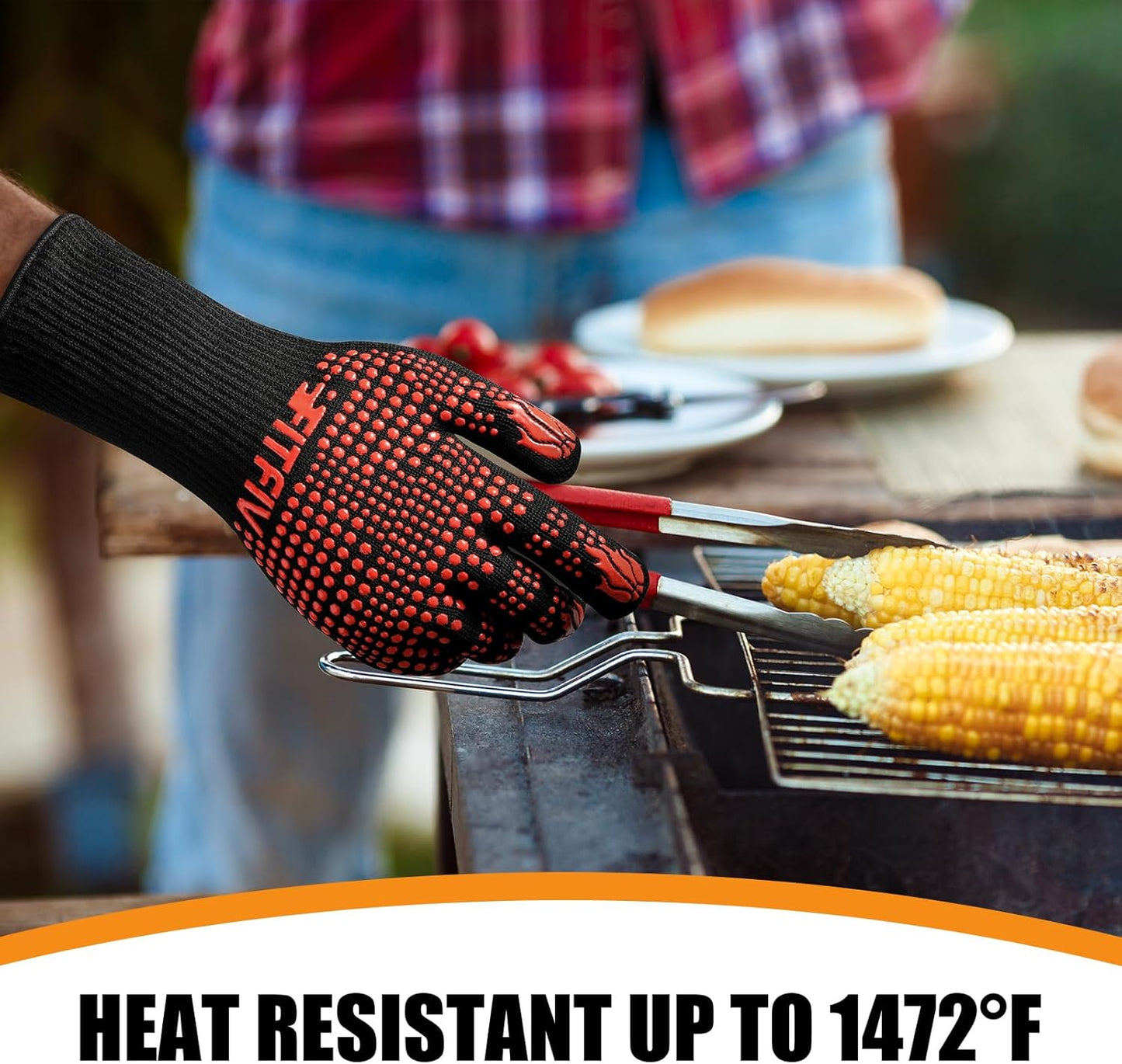 BBQ Gloves, Oven Gloves, 1472°F Extreme Heat Resistant Barbecue Gloves, Silicone Non-Slip Oven Mitts, Kitchen for Cooking, Grilling, and Baking (Red)