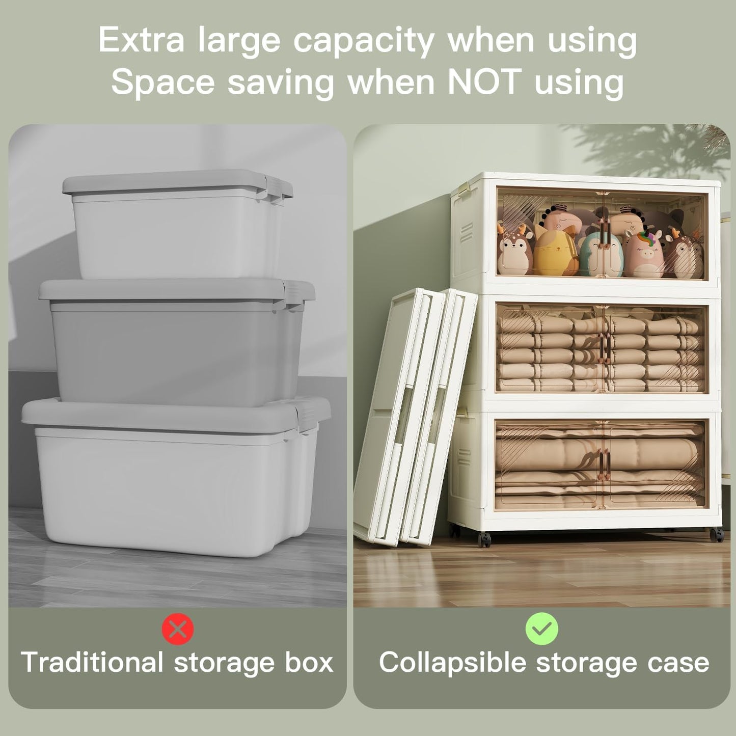 KHNR 4Packs Stackable Storage Bins with Lid, 36 Gal Closet Organizer and Storaging Drawer, Collapsible Storage Box with Wheels, Plastic Clothes Storage Cabinet Containers for Home and Office