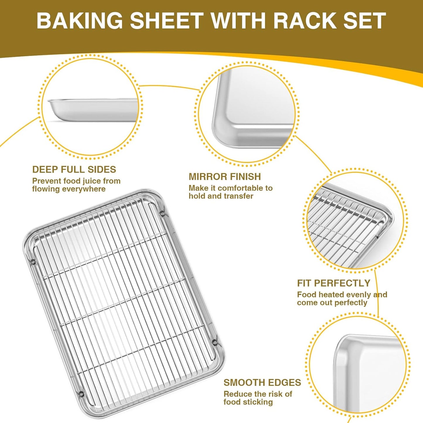Wildone Baking Sheet with Rack Set (3 Pans + 3 Racks), Stainless Steel Baking Pan Cookie Sheet with Cooling Rack, Non Toxic & Heavy Duty & Easy Clean