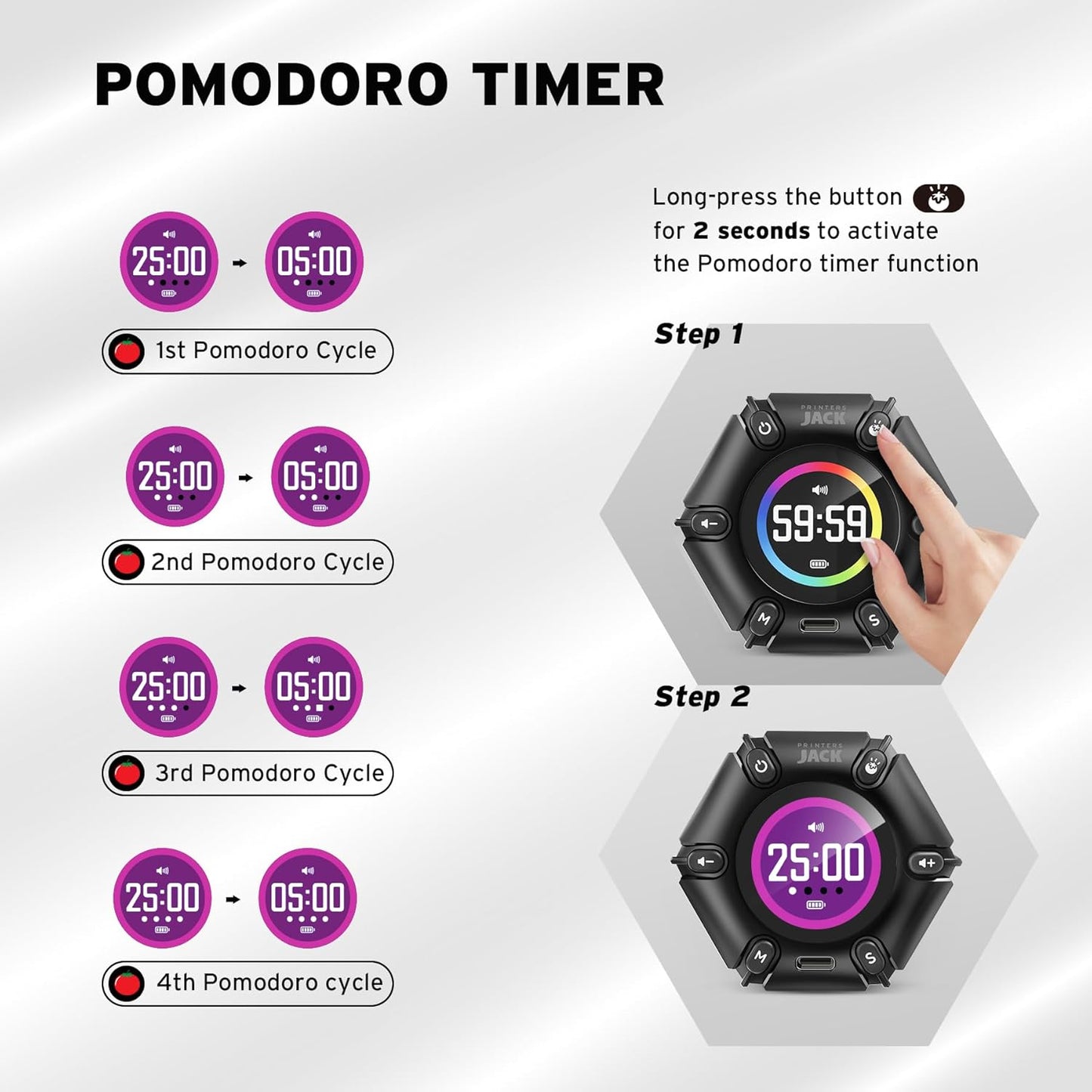 Jack Pomodoro Timer - Productivity Cube, Visual Focus Timer, Mute & Vibration & Adjustable Sound Alert, for Office, ADHD, Study, Work, 3/5/10/25/30/60min & Custom Countdown - Black