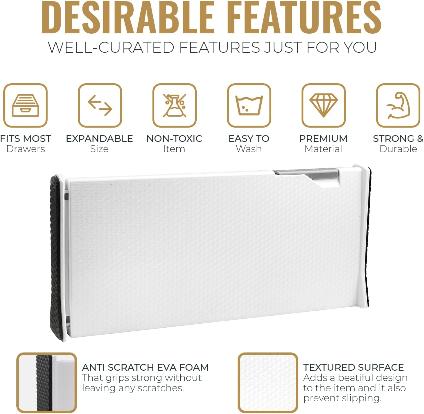 RAPTUROUS Adjustable Deep Drawer Divider – 6" Tall, Expandable 13-22", 8-Pack, Non-Slip Drawer Dividers for Clothes, Dresser, Kitchen & Office Organization (White)