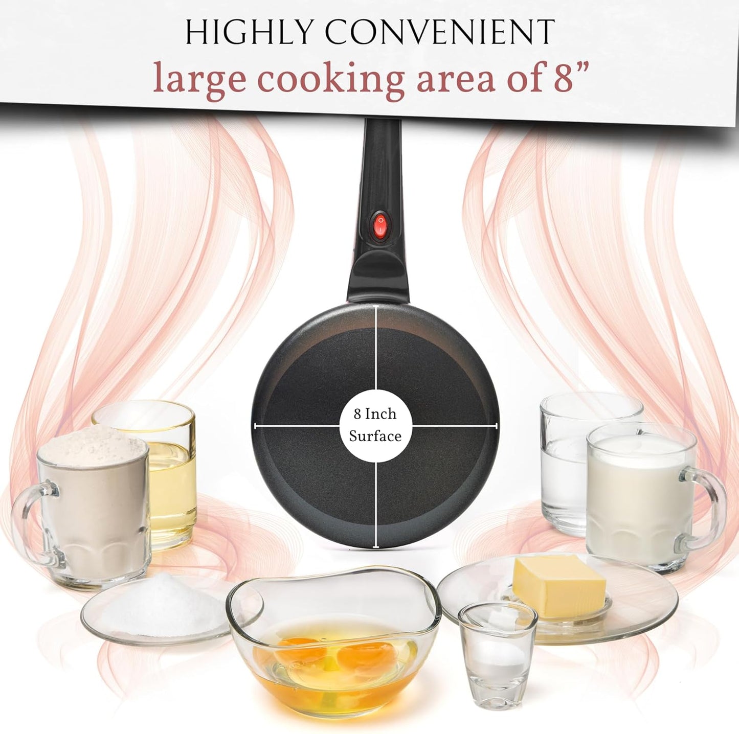 Moss & Stone Electric Crepe Maker – 8” Portable Crepe Pan Nonstick with Dipping Plate, Auto Shut-Off, On/Off Switch, Even Heating & One Automatic Temperature Control – Compact Crepe Maker