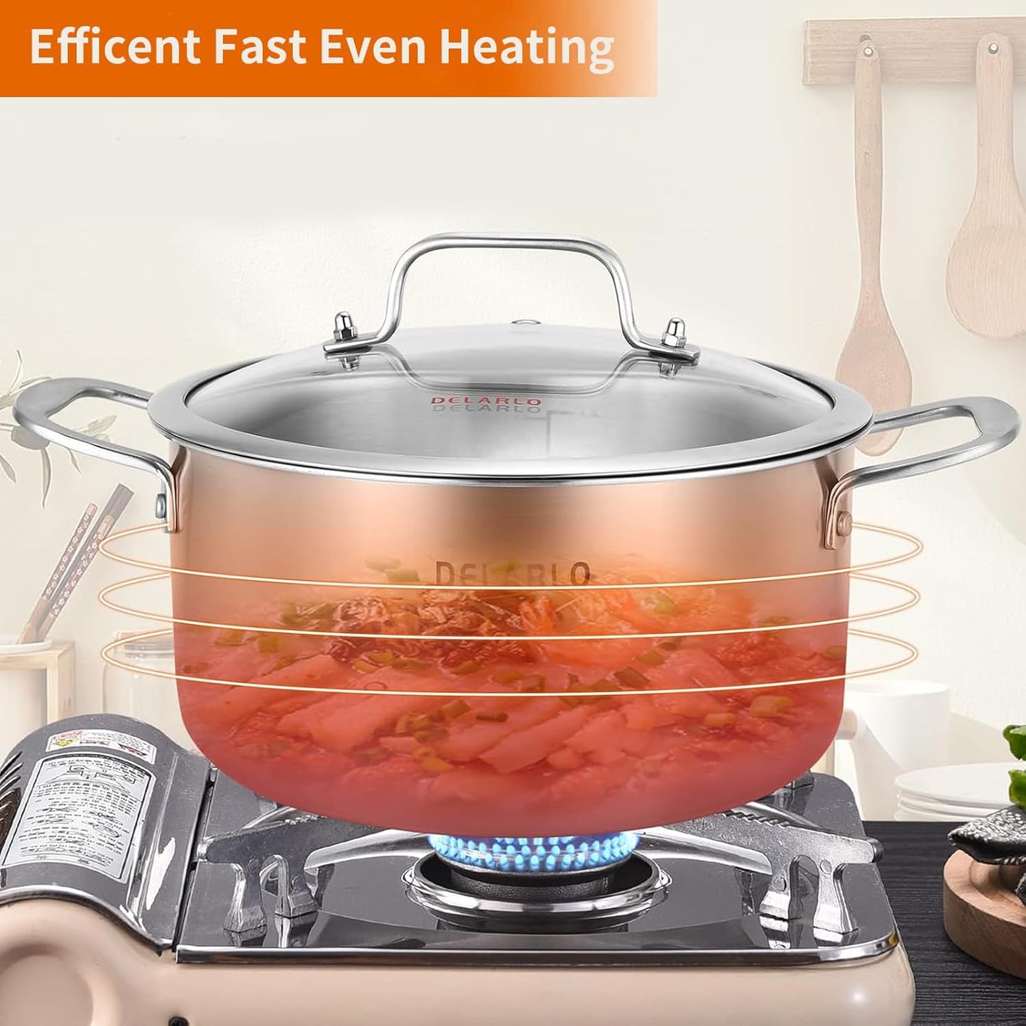 DELARLO Tri-Ply Stainless Steel Stock Pot, 5 Quart Stockpot with Lid, All Stoves Safe Up to 600℉, Saving Fuel 20%, Heavy Duty, Soup Pot with lid, Kitchen Essentials, Fast Even Heat