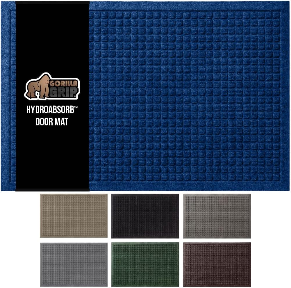 GORILLA GRIP Front Door Mat, Indoor Outdoor Ultra Absorbent HydroAbsorb Doormat, Absorbs Up to 1.7 Cups of Water, Stain and Fade Resistant, Rubber Backing Doormats, Captures Dirt, 29x17 Blue