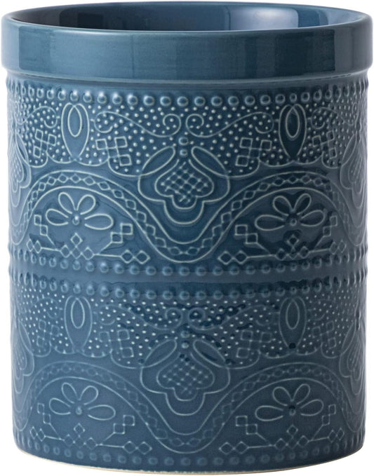 Fun Elements Kitchen Utensil Holder, 7.2" Super Large Utensil Crock Heavy and Stable Lace Emboss Ceramic Utensil Holder for Kitchen Counter (Grayish Blue)