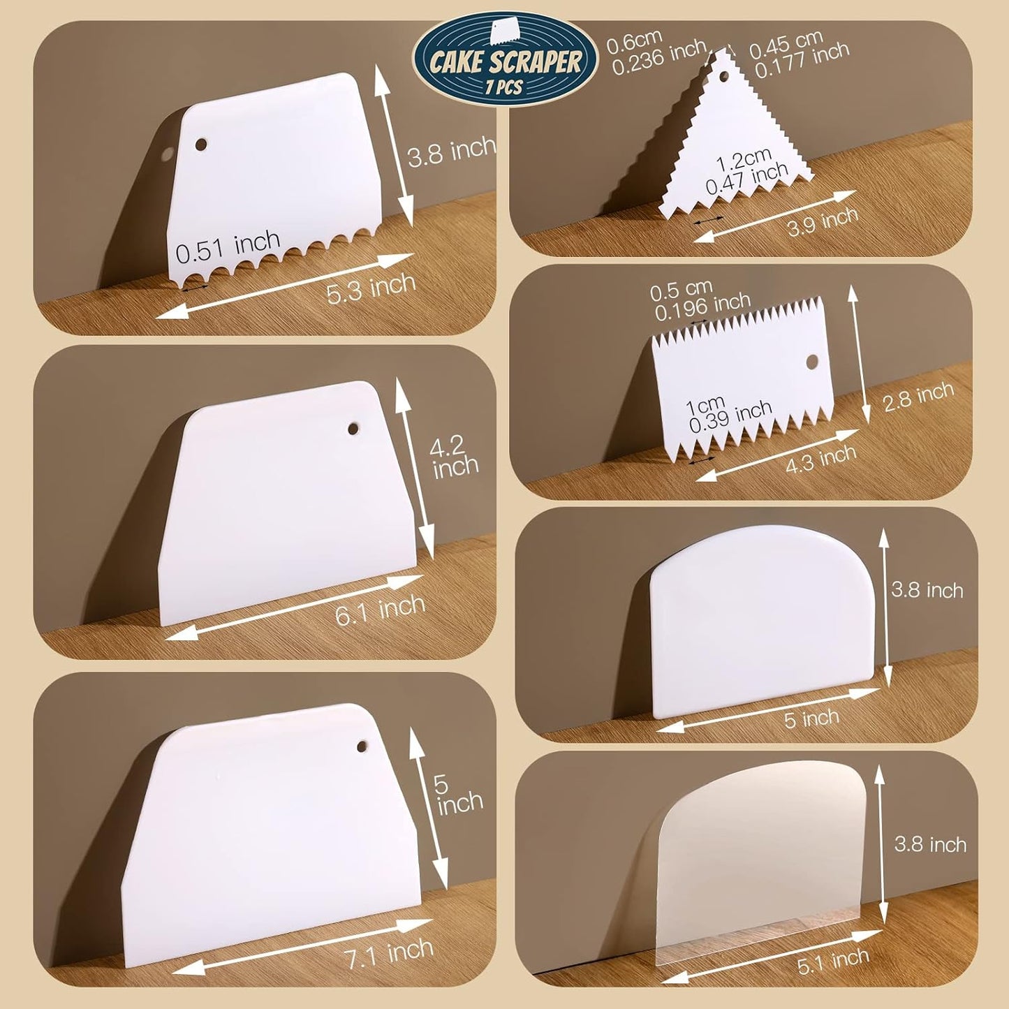 Teenitor Cake Scraper Cake Smoother, 7 Pcs Dough Scraper Bowl Scraper Cake Cutter Cake Spatula Bench Scraper Kitchen Plastic Scraper Tool Cake Decorating Kit