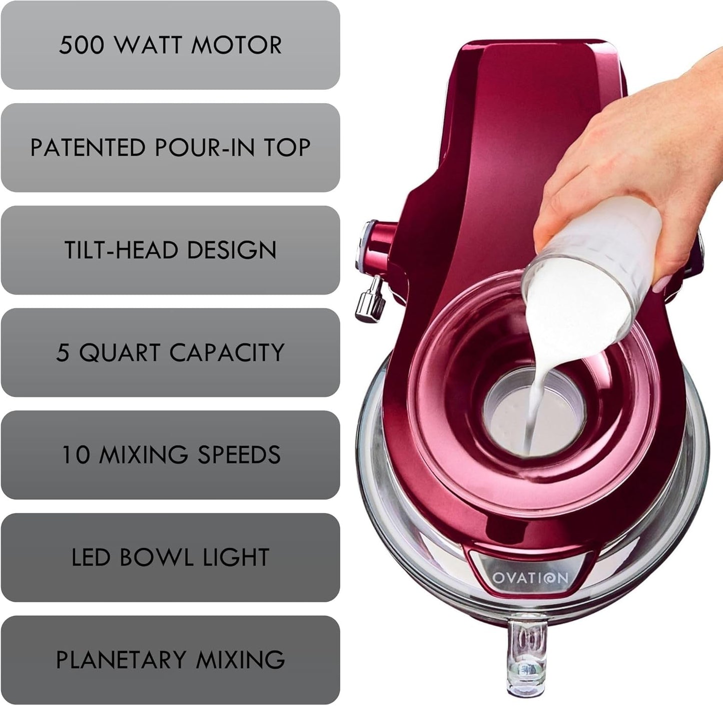 Kenmore 500W Oviation Stand Mixer - 10 Speed Mixing, Tilt-Head, Handheld Glass Bowl With Pouring Top Splash Guard, Flat Beater, Whisk, Dough Hook Attachments Countertop Kitchen Appliance, 5QT Red