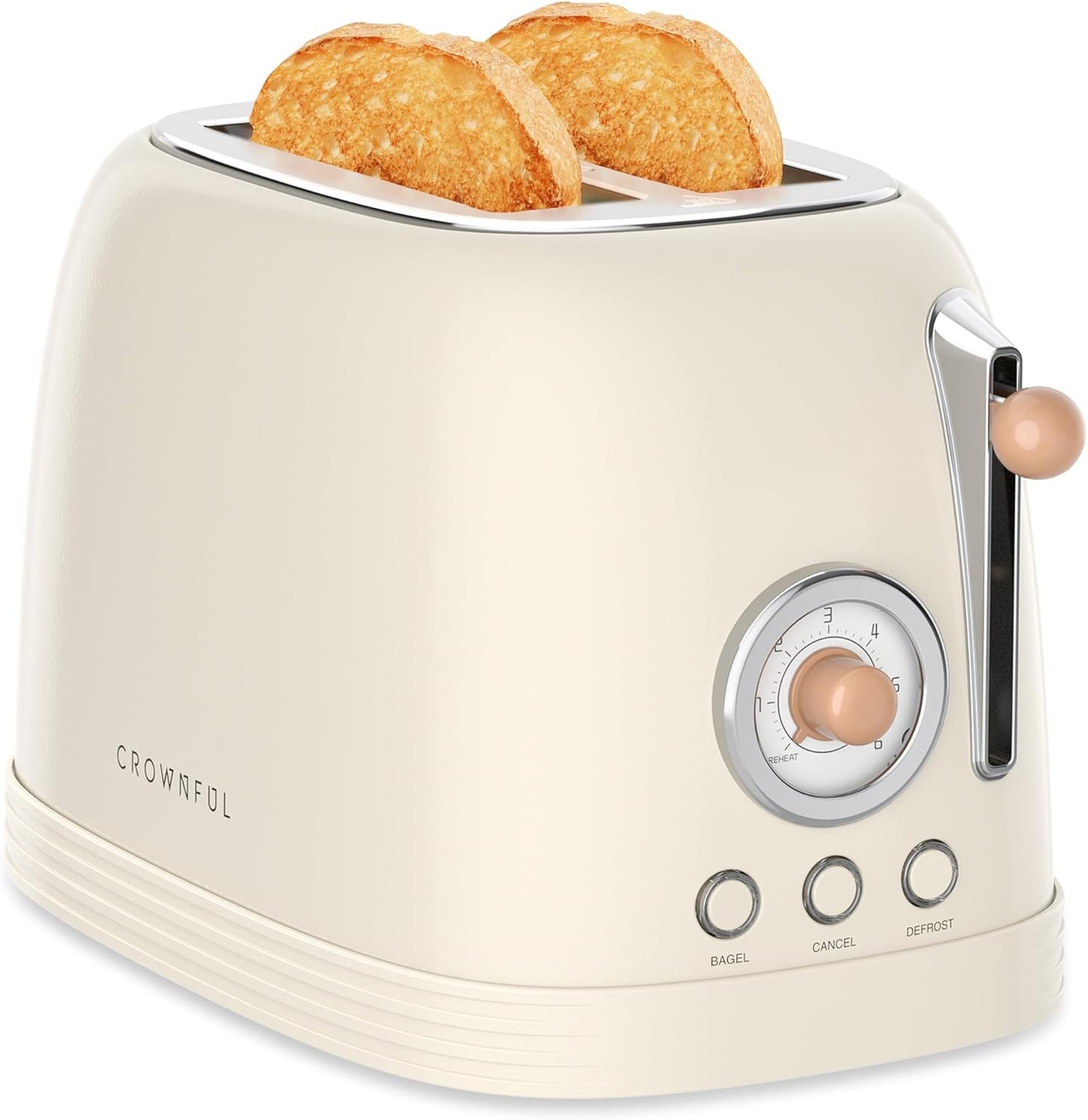CROWNFUL 2-Slice Toaster, Extra Wide Slots Toaster, Retro Stainless Steel with Bagel, Cancel, Defrost, Reheat Function and 6-Shade Settings, Removal Crumb Tray, Cream