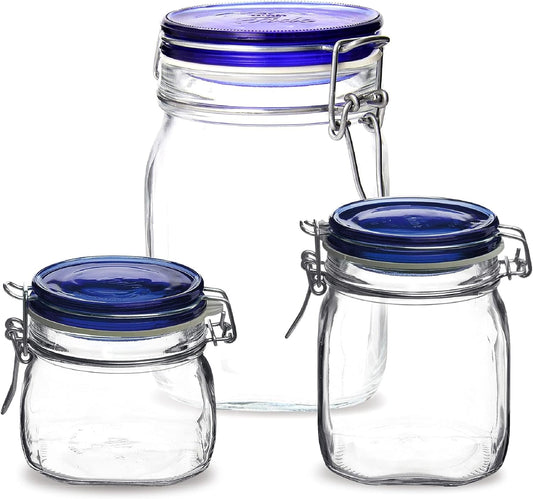 Bormioli Rocco Fido Glass Jars, Blue Lids – Serving & Entertaining Containers, Assorted Sizes - Airtight Clamp Canisters for Appetizers, Desserts, Snacks – Italian Glass, Dishwasher Safe (Set of 3)