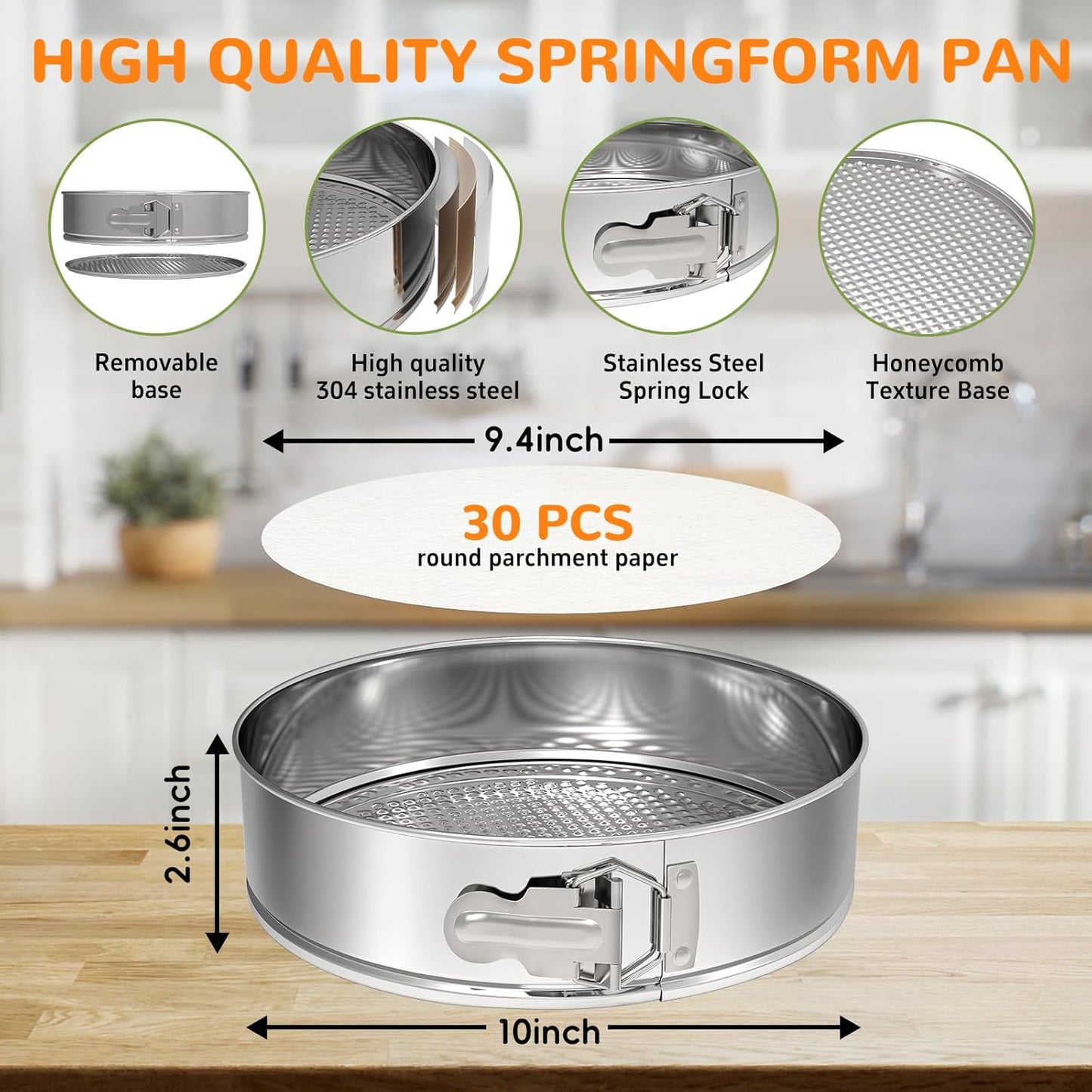 10 Inch 304 Stainless Steel Springform Pan with Removable Bottom, Nonstick Round Spring Form Cheesecake Pan with 30 Pcs Parchment Paper Liners