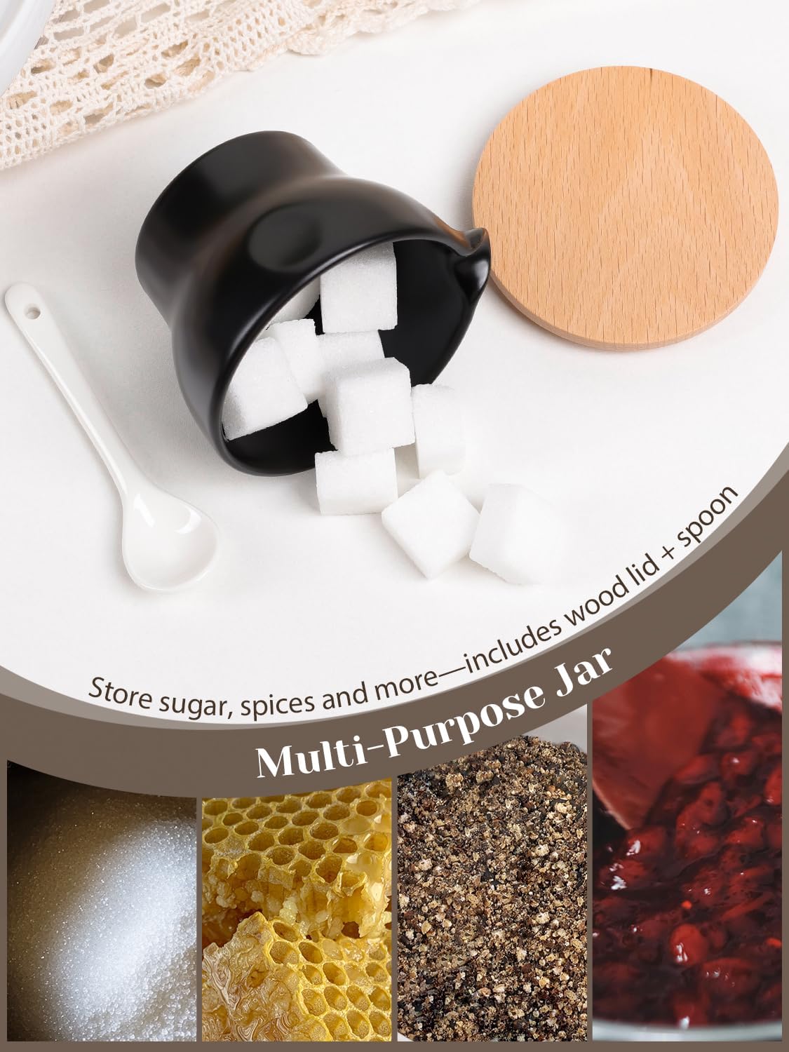 INGOFIN Ceramic Sugar and Creamer Set with Lid and Spoon, 3-Piece Porcelain Creamer Pitcher Milk Jug and Sugar Bowl for Coffee Bar, Tea Time, Kitchen Serving,3.5oz & 6oz, Dishwasher Safe, Modern Black