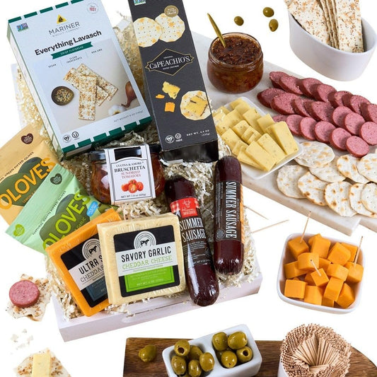 Gourmet Meat & Cheese Sampler Gift Basket - Deluxe Charcuterie Cheese Platter - GourmetGiftBaskets.com Food Gifts