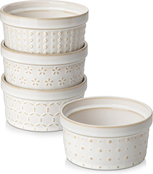 MALACASA Ramekins 8 Oz Oven Safe, Ceramic Creme Brulee Souffle Dishes, Pudding Custard Cups Ramekin For Baking, Small Dipping Sauce Bowls, Set of 4, Microwave and Dishwasher Safe, Arctic White