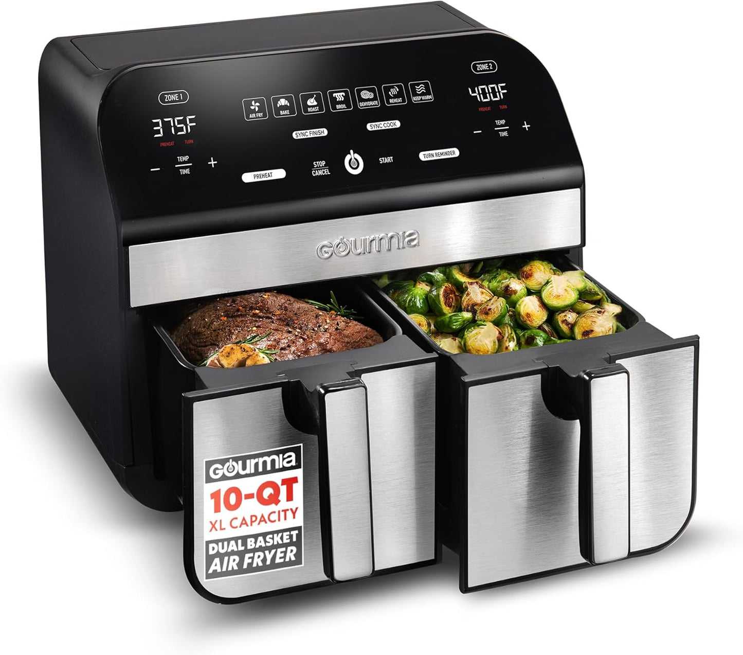 Gourmia Dual Basket Digital Air Fryer – 10 QT, FryForce 360° Technology, 7 Presets, Match Cook & Smart Finish, PTOA-Free Baskets & Crisper Trays, 1600W, Black