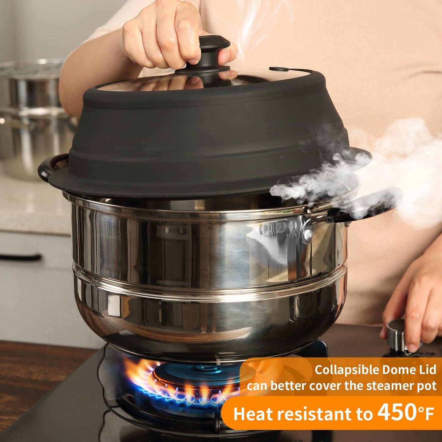 Collapsible Microwave Splatter Lid with Vented Tempered Glass Cover Wok Lid for Microwave Safe, Stockpot Steamer Pot Pan 10.5-11 inch Universal Multifunction Silicone Cover