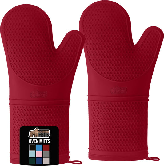 GORILLA GRIP BPA-Free Soft Silicone Oven Mitts, 14.5x8.3, Heat Resistant and Waterproof Cooking Gloves, Thick Cotton Lining, Flexible Gripping for Baking Grilling, Kitchen Potholders Set of 2, Red