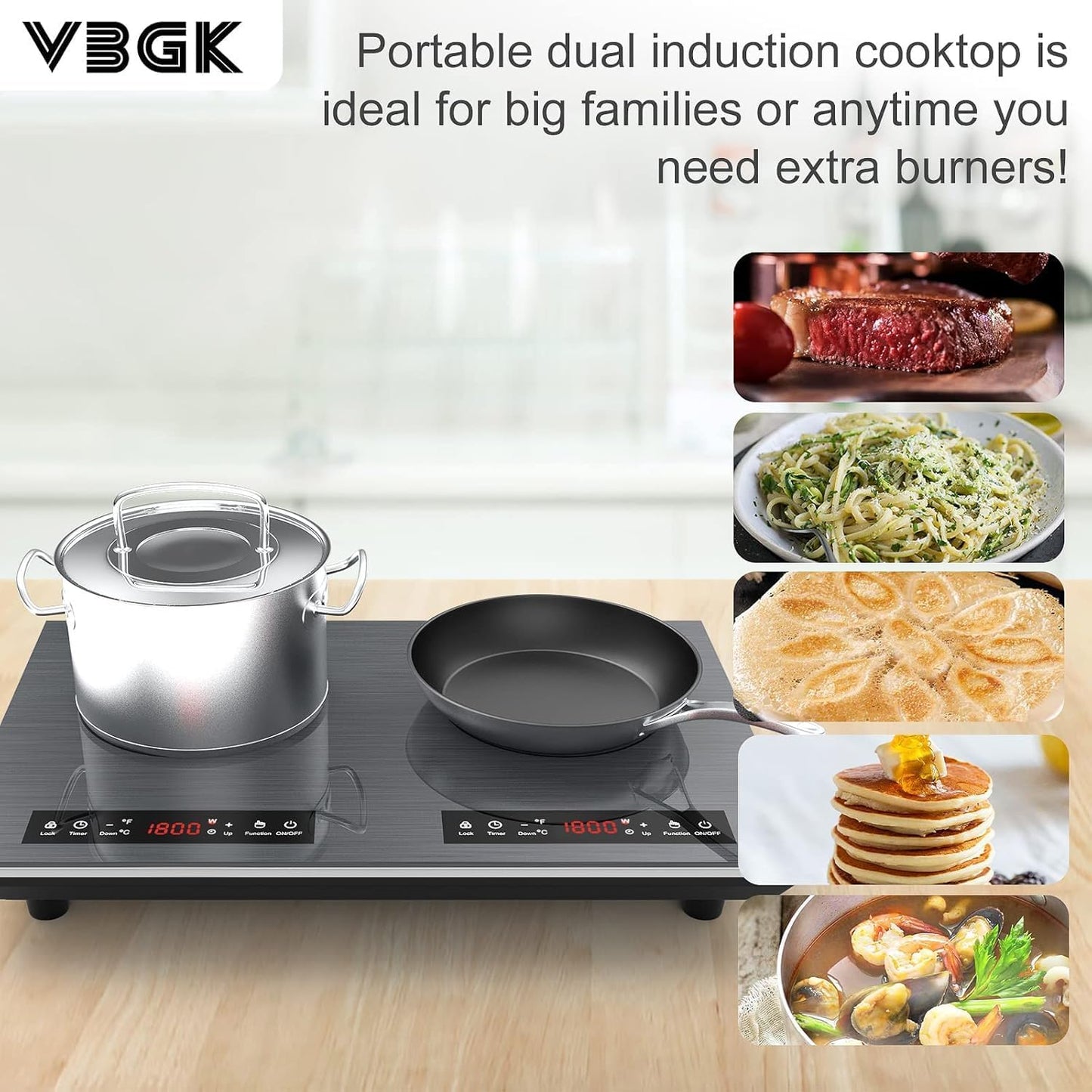 VBGK Double Induction Cooktop, 24 inch 4000W Electric cooktop with hot plate, induction stove top with LED Touch Screen 9 Levels Settings with Child Safety Lock & Timer 110V Induction cooktop 2 burner