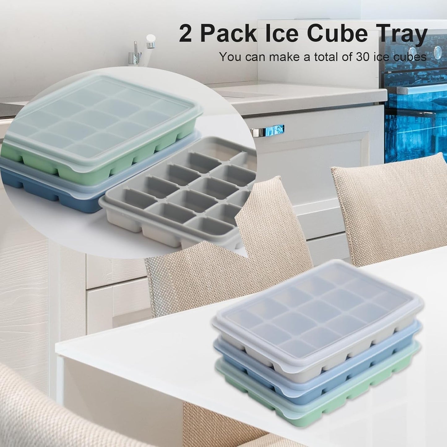 Ice Cube Trays Set of 3, Easy Release 15 Flexible Silicone Ice Cube Molds with Removable Lid Reusable Freezer Ice Trays Stackable for Whiskey, Baby Food, Green+Blue+Grey
