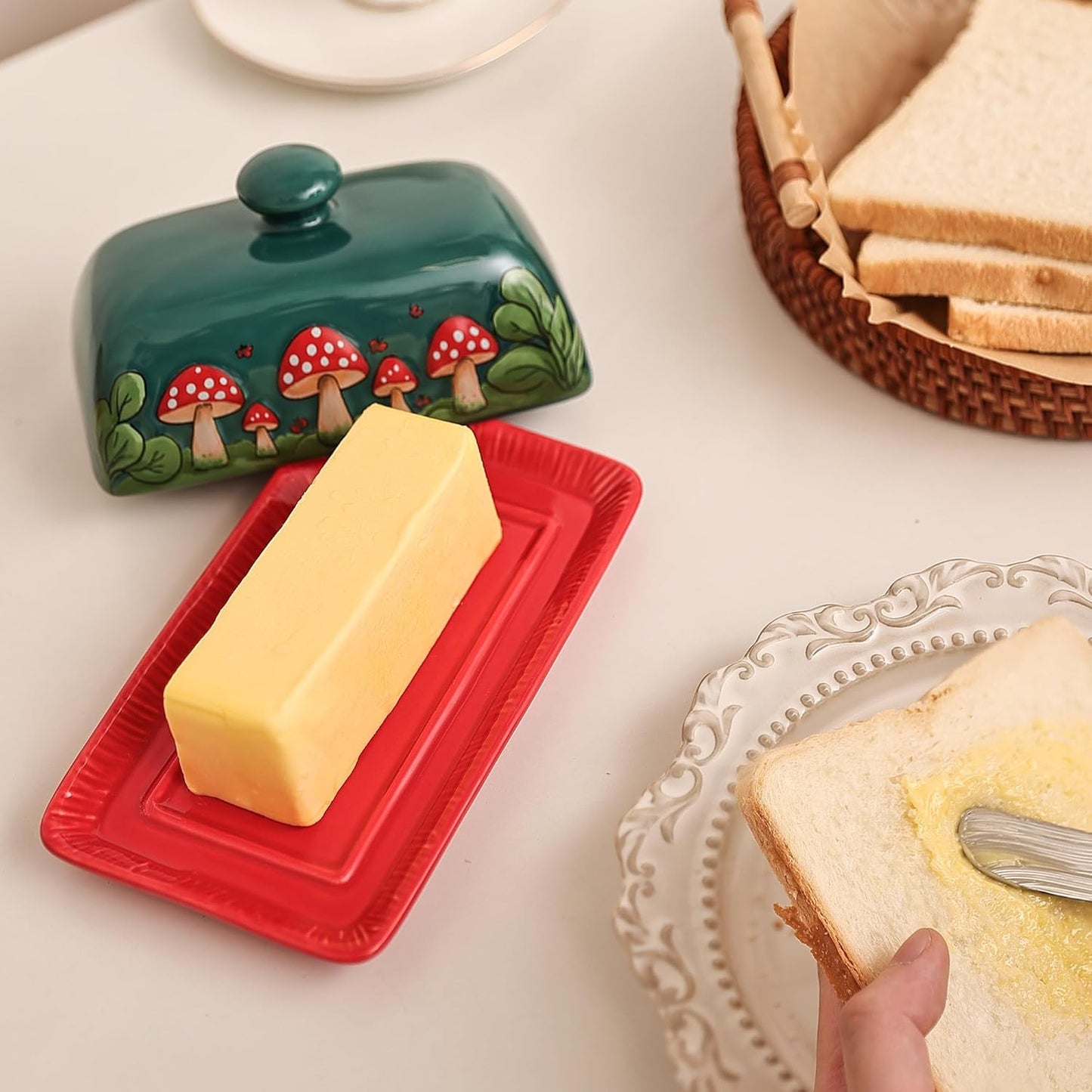 Fungi Fun Mushroom Butter Dish With Lid For Countertop Ceramic Butterdish, Red Mushroom Butter Container, Butter Tray Large Butter Dish Covered (Dark Green, Standard)