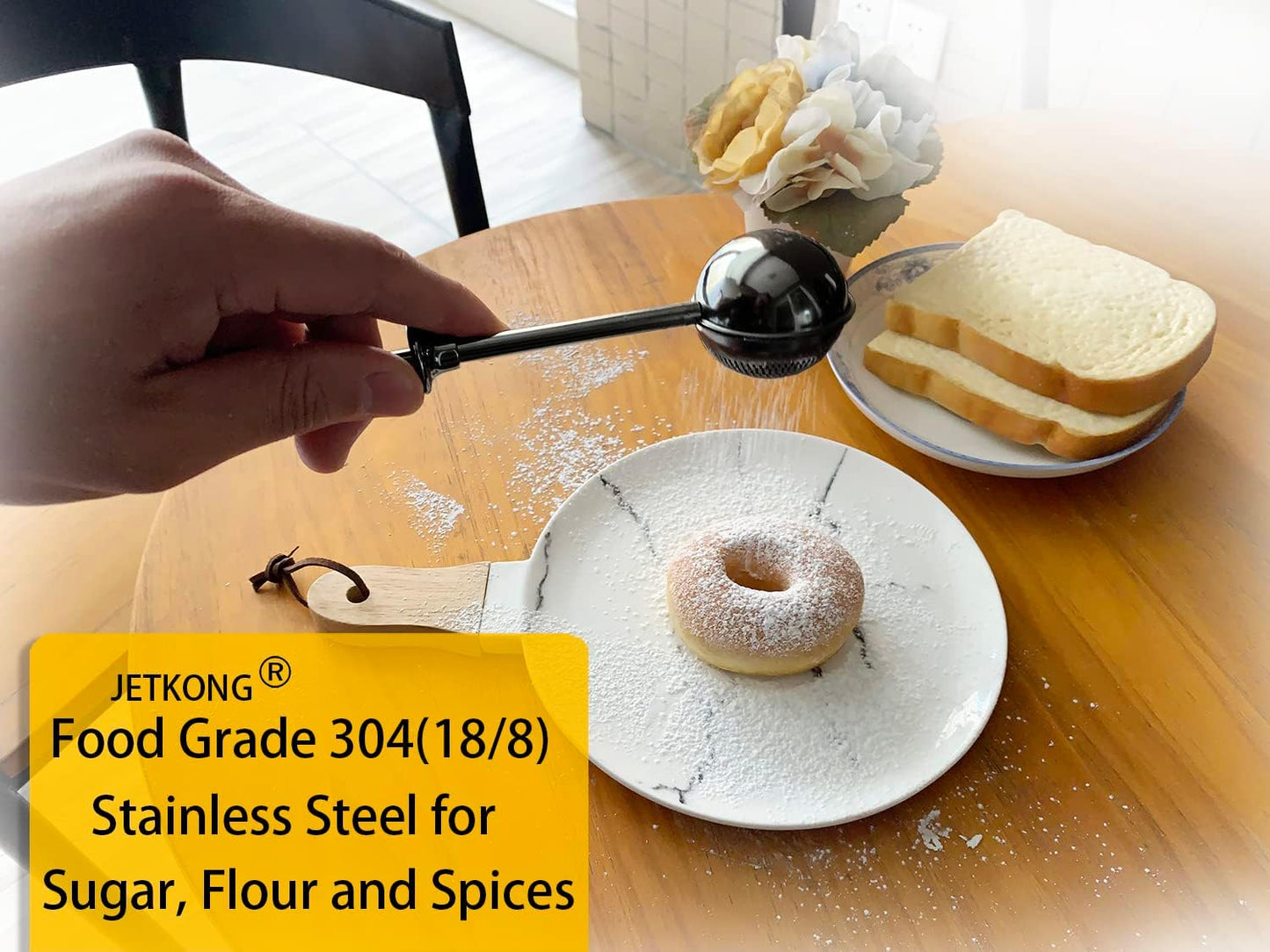 JETKONG Baker's Dusting Wand for Sugar, Flour and Spices, Stainless Steel Powdered Sugar Shaker Duster Sifter, Set of 2 (Black)