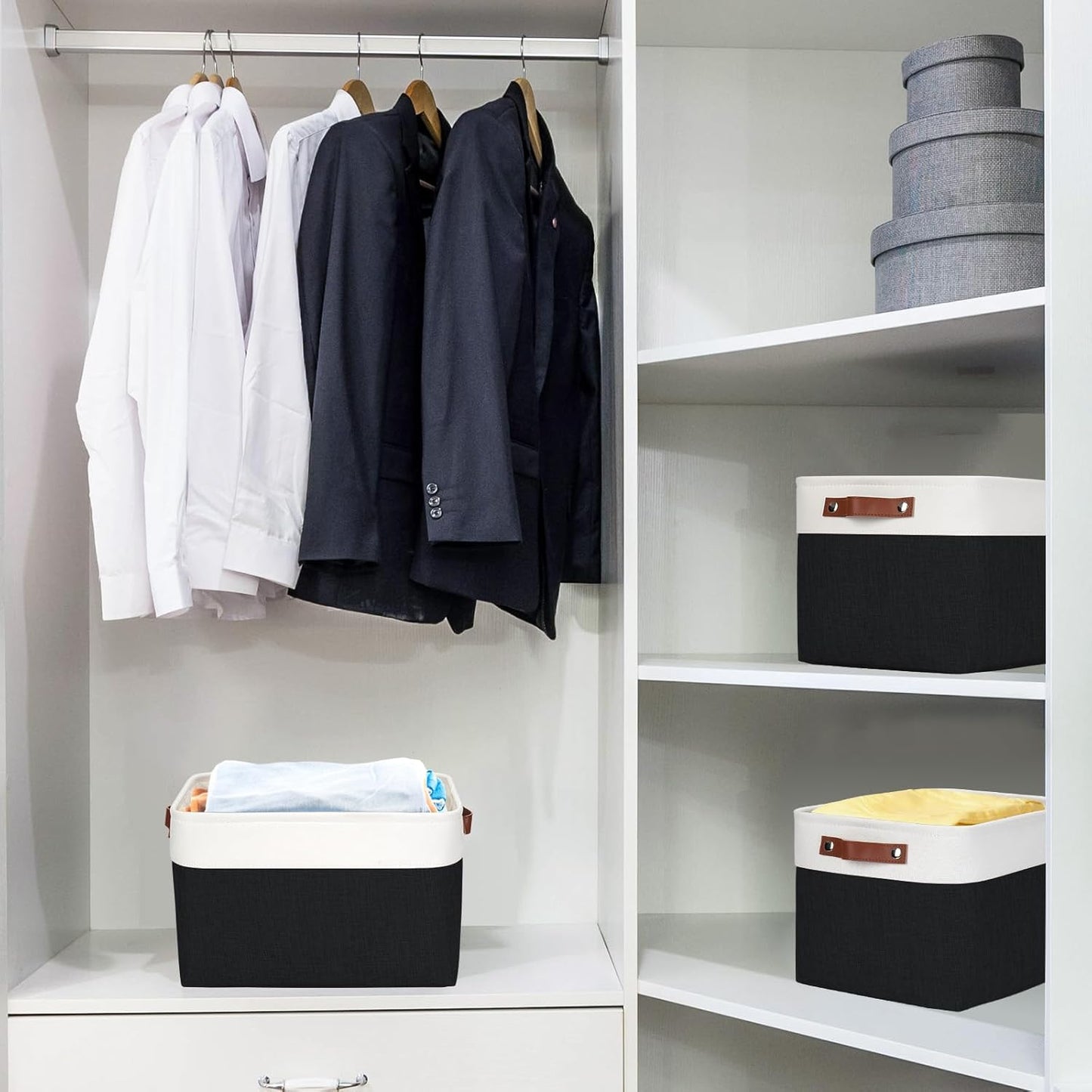 Storage Bins Large Fabric Storage Baskets for Shelves 3 Pack, Decorative Linen Closet Baskets with Handles for Organizing, Shelf, Clothes, Home, Office, 15x11x9.5Inches (Black&White)