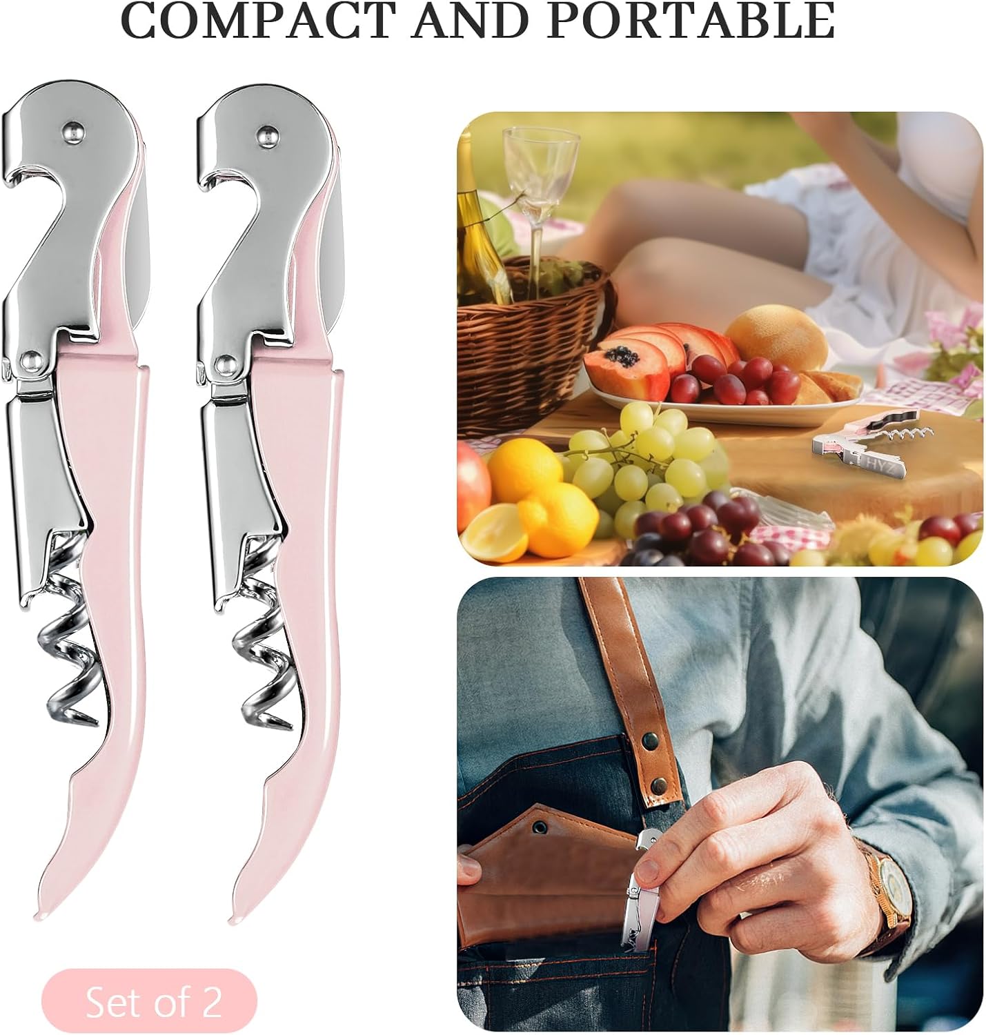 HYZ 2-Pack Wine Opener Waiter Corkscrew, Professional Wine Key for Servers, Bartender with Foil Cutter, Manual Wine Bottle Opener Double Hinged (Pink)