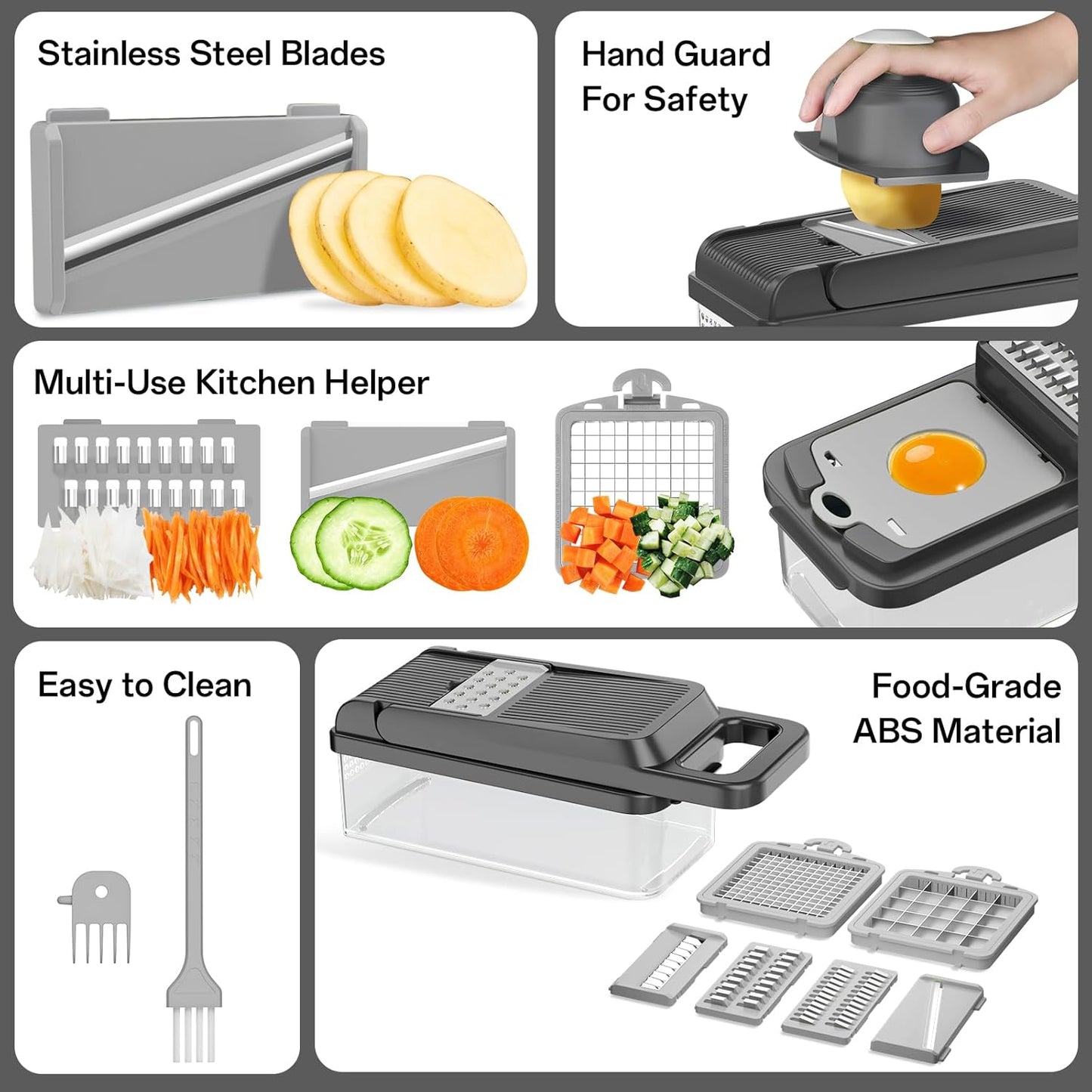 HomeHacks Vegetable Chopper Vegetable Cutter, 12 in 1 Kitchen Gadget, Dicer, Slicer, Onion Cutter, Salad, Cheese Grater & Egg Separator - Multi-Functional Veggie Chopper Lid with Handle (Grey)