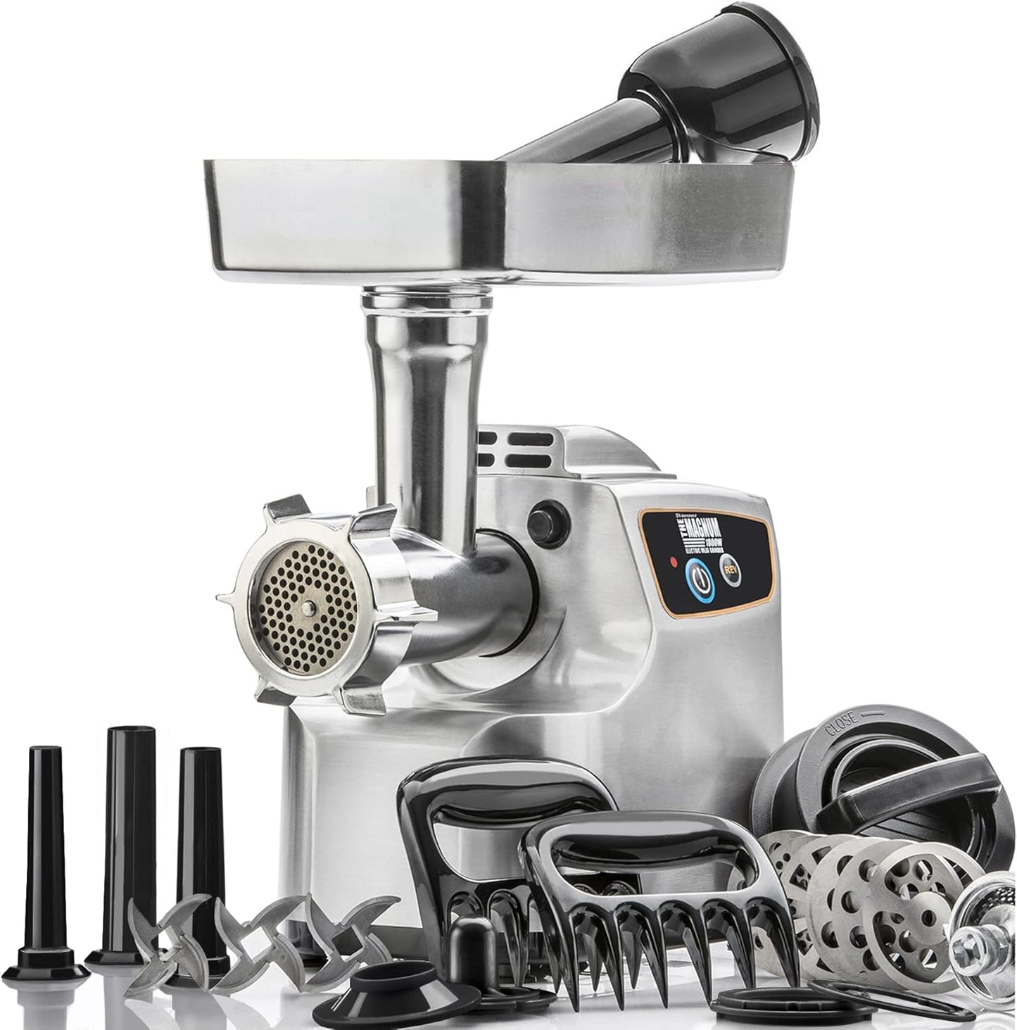 Magnum 1800W Electric Meat Grinder | Grinds Soft Bones | High-Capacity Meat Tray | 6 Grinding Plates | 3 Stainless Steel Blades | Sausage Stuffer | Kubbe Maker & More Included