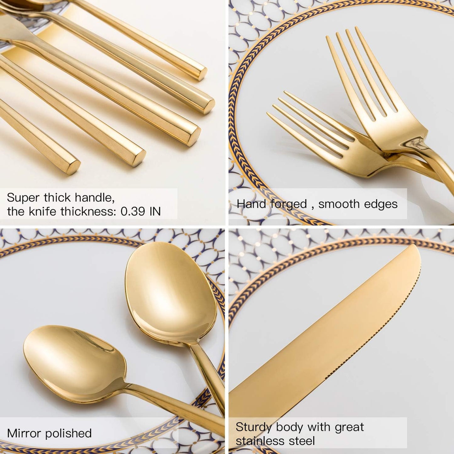 Gold Silverware Set Flatware Set Stainless Steel Cutlery Set 60 Pieces Thick Heavy Hexagon Handle Service for 12