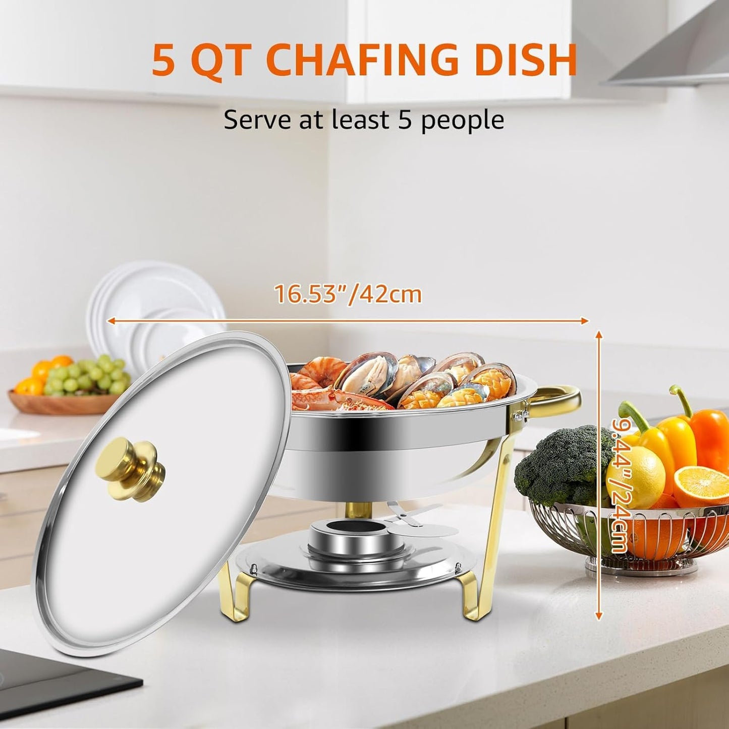 Gold & Silver Chafing Dishes for Buffet with Lid 5QT, 4 Pack - Food-Grade Stainless Steel Chafers and Buffet Warmers Sets with Lid Holder, Rolled Edge Design, for Party, Banquet