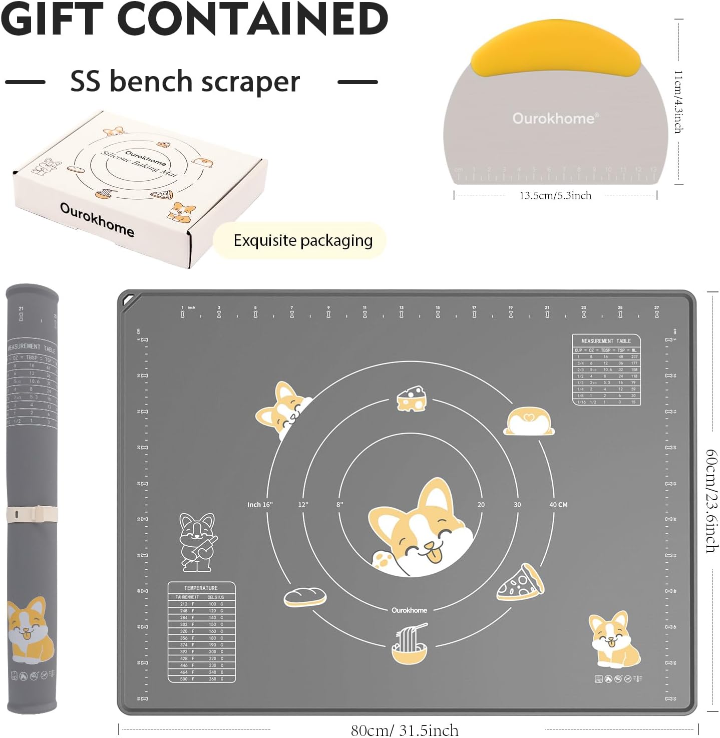 Ourokhome Silicone Baking Mat Sheet and Pastry Dough Cutter, 0.5 Inch Thick 32" X 24" BPA free Silicone Rolling Mat, Non-Stick and Anti-Slip, Dishwasher Safe (Gray)