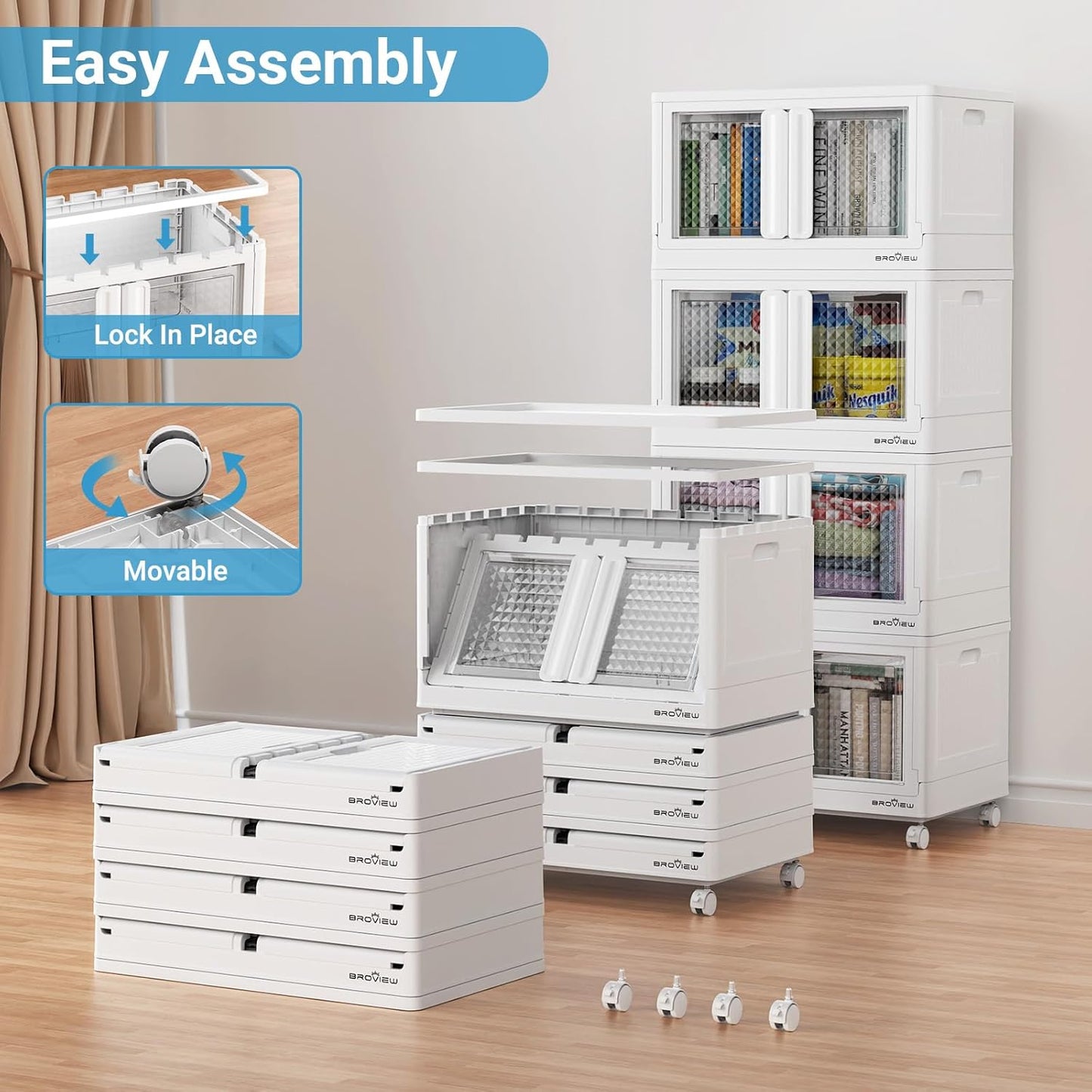 300Qt Stackable Storage Bins with Lids, 75Gal Closet Organizers and Storage Drawer, Plastic Collapsible Storage Bins with Doors, Heavy Duty Store Box Cabinet for Home Office, 3Pack White