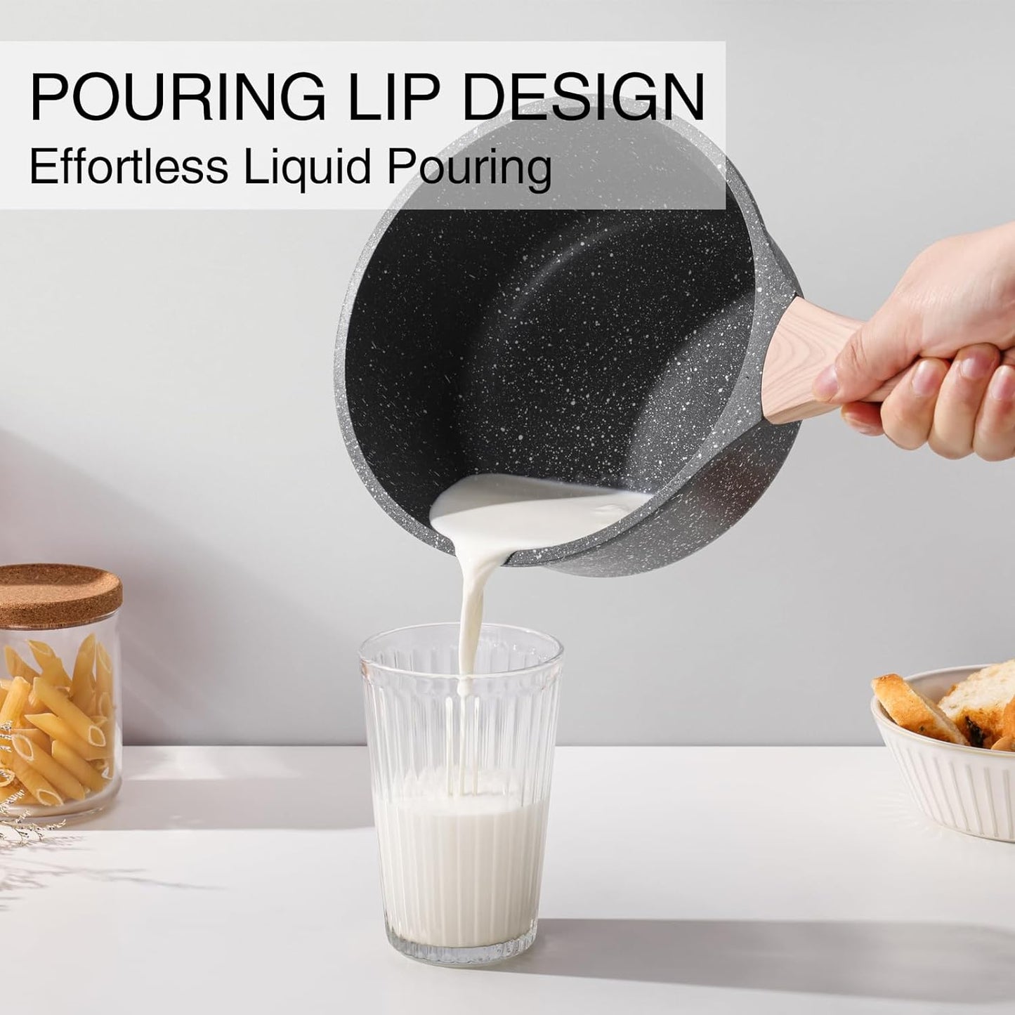 Sauce Pan Set with Lid, 1.5QT & 2.5QT Non Stick Small Pots with Granite Coating, Saucepan with Pour Spout, Multipurpose Induction Cooking Pans, PFOA/PFOS Free