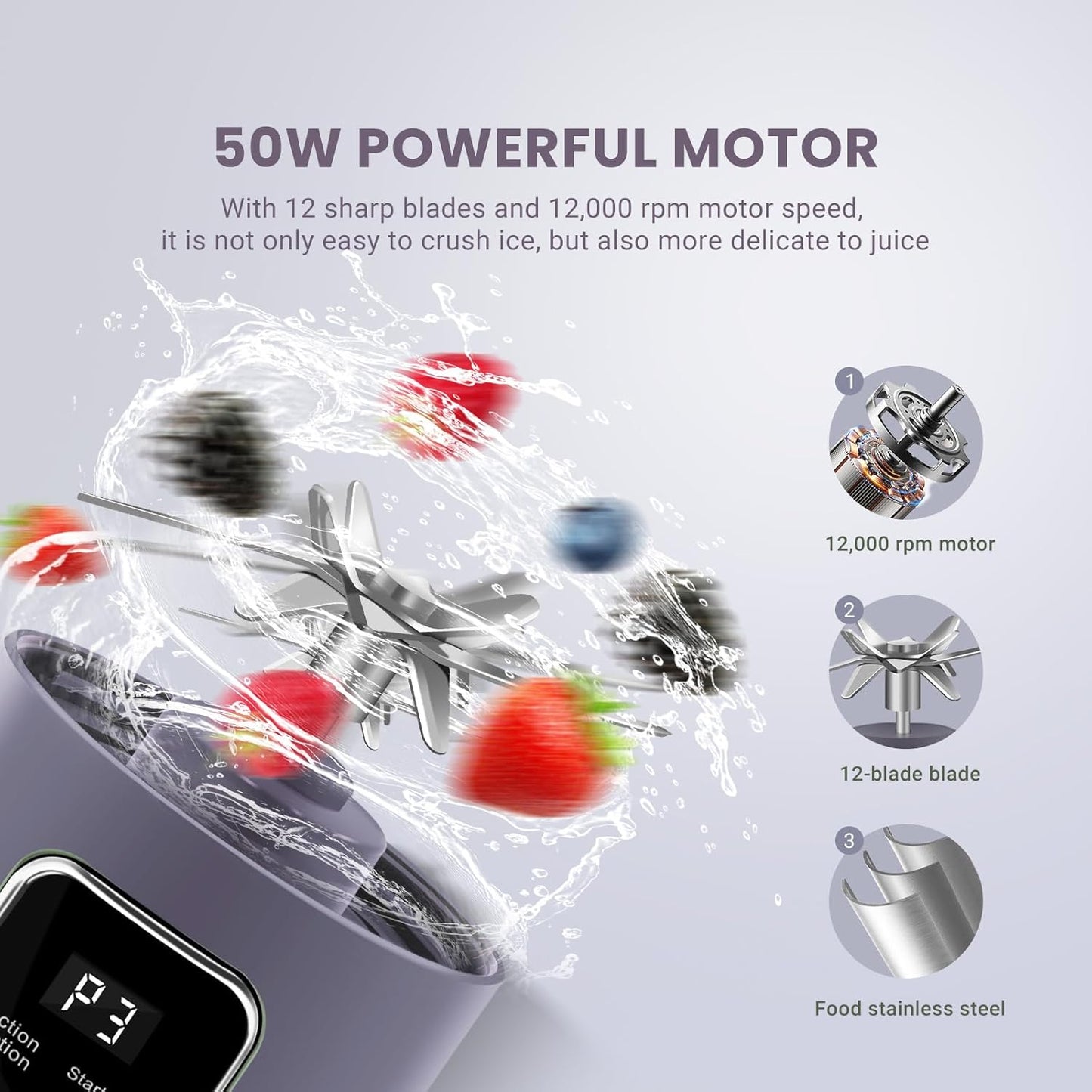 Portable Personal Electric USB Juicer，500ML Mini Blender Portable Blender For Shakes and Smoothies juice，12 Blades Great for Mixing，Compact、Convenient and Versatile (Purple)