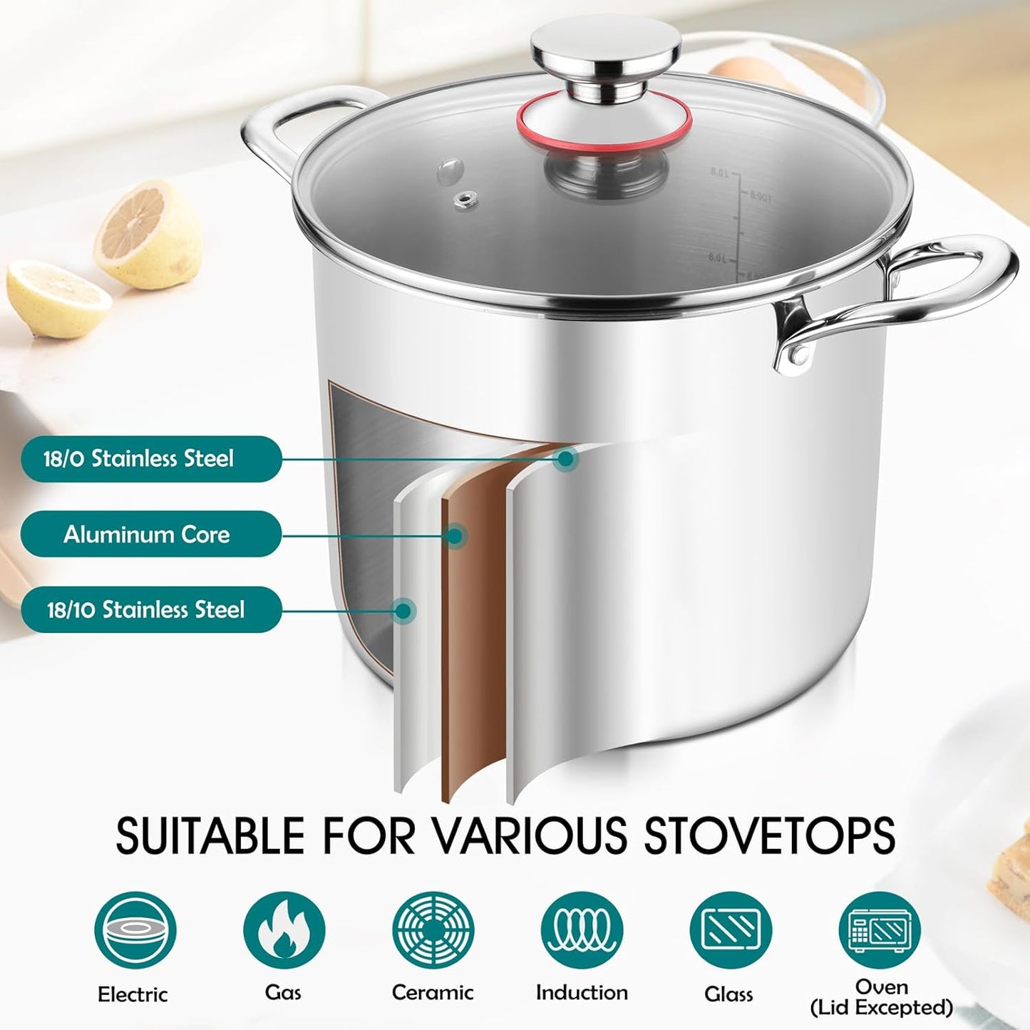 TeamFar 10 Quart Stock Pot, Stainless Steel Tri-ply Large Stockpot Pasta Soup Cooking Pot with Glass Lid, for Induction Gas Ceramic Electric, Nontoxic & Heavy Duty, Ergonomic Handles & Dishwasher Safe