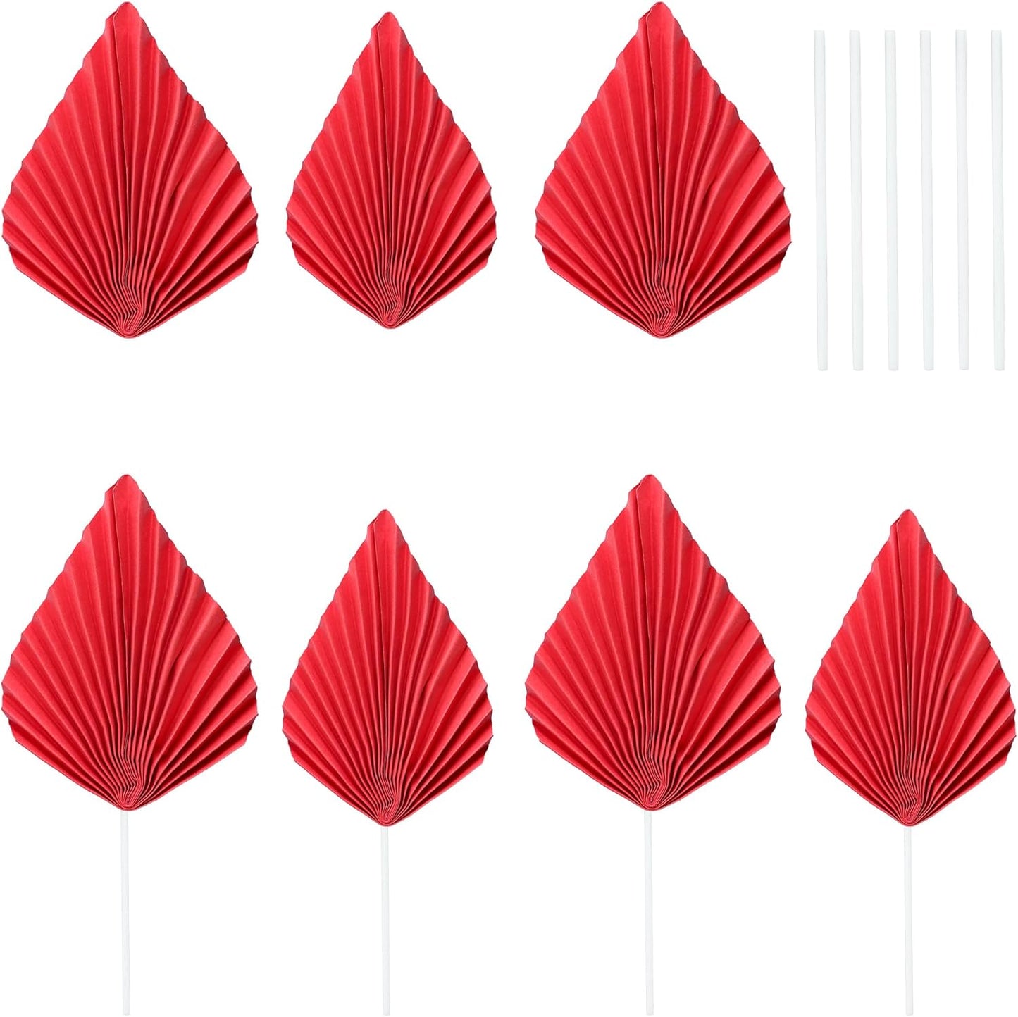 Gyufise 6Pcs Paper Palm Fan Cake Toppers Palm Spear Leaves Fan Cupcake Toppers Cake Insert Decorations Craft DIY Cake Bakeware Decoration for Birthday Party Wedding Party Decor Supplies Red