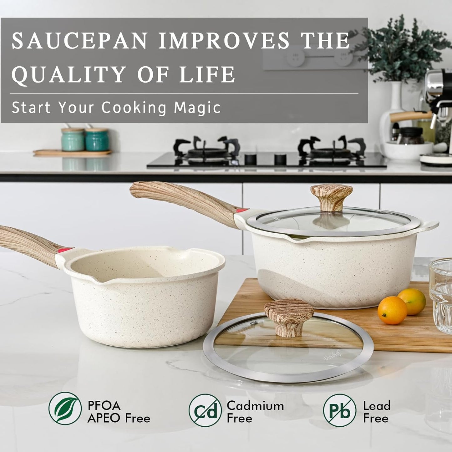 VINCHEF Sauce Pan Set with Lid 10PCS, 3 White Non Stick Cooking Pots Induction pot sets, Saucepan Set with Silicone Tools and Pot Protectors, PFAS and PFOA Free (2QT+3QT+4QT)