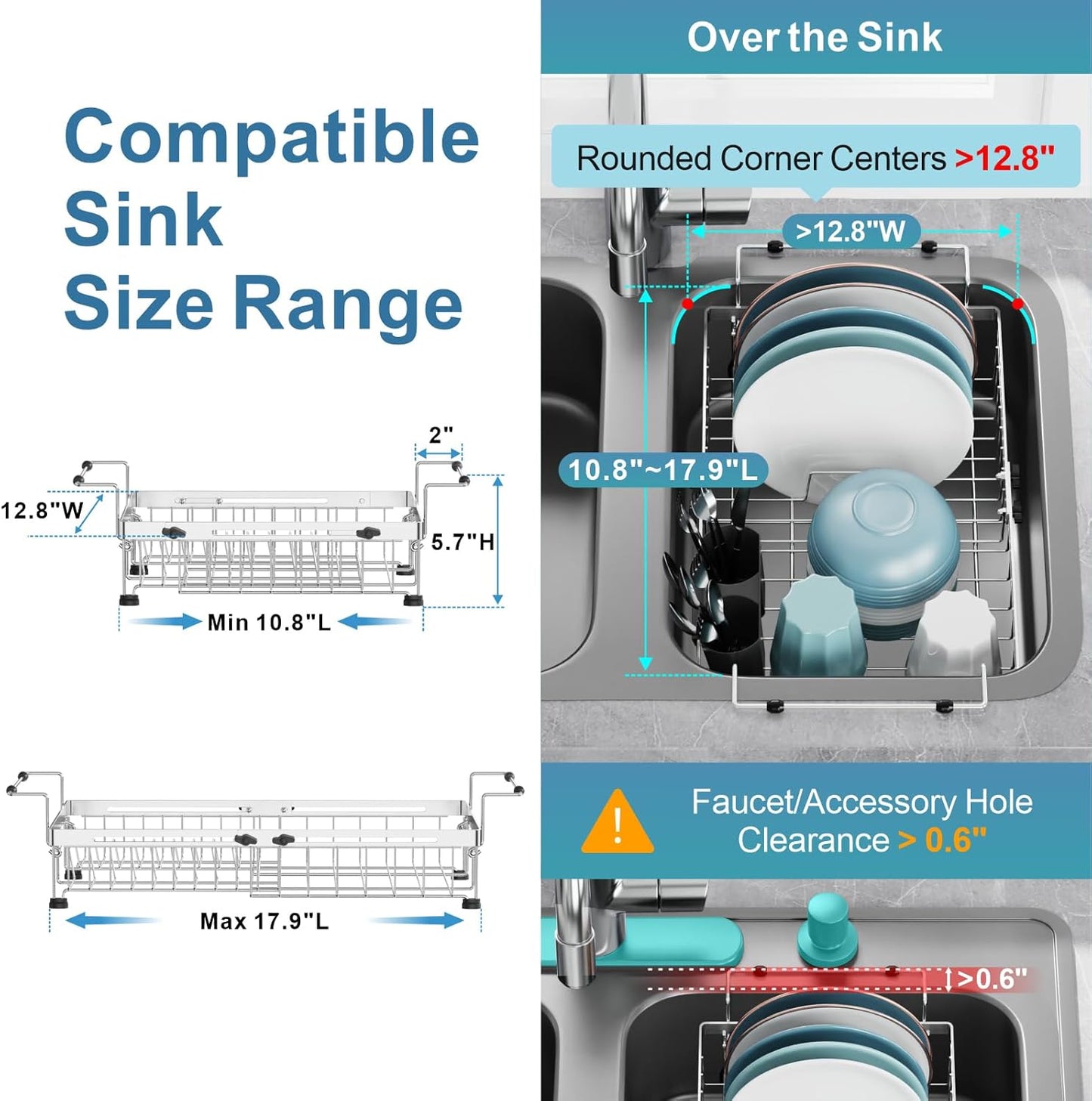 GSlife in Sink Dish Drying Rack - Stainless Steel Capacity Expandable Dish Drainer with Sink Protector, 10.8–17.9" L x 12.8" W, Silver