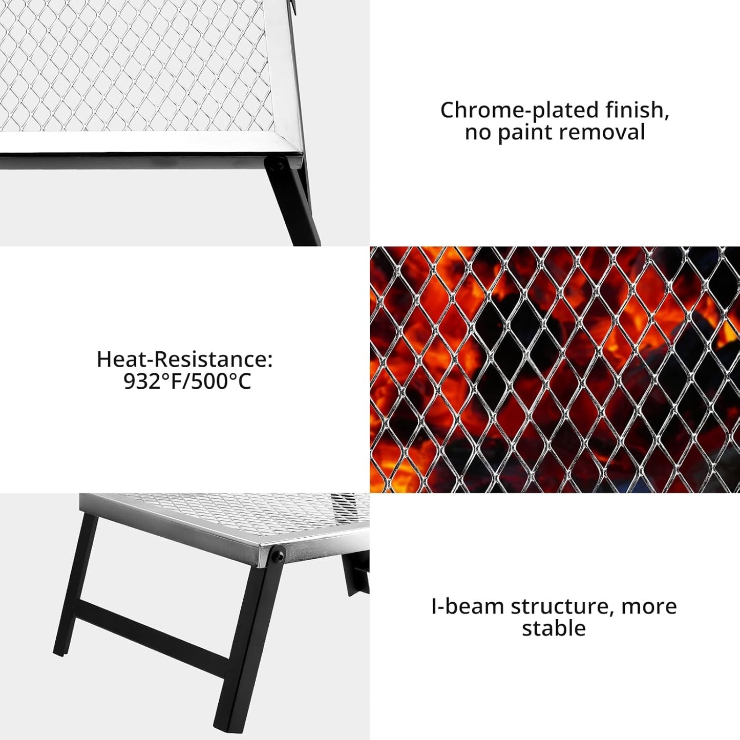 Folding Campfire Grill, 16" x 12" Heavy Duty Steel Mesh Grate Chrome Finish with Folding Legs, Portable Campfire Cooking Equipment, for Camping Outdoor BBQ Cooking Open Fire, Silver