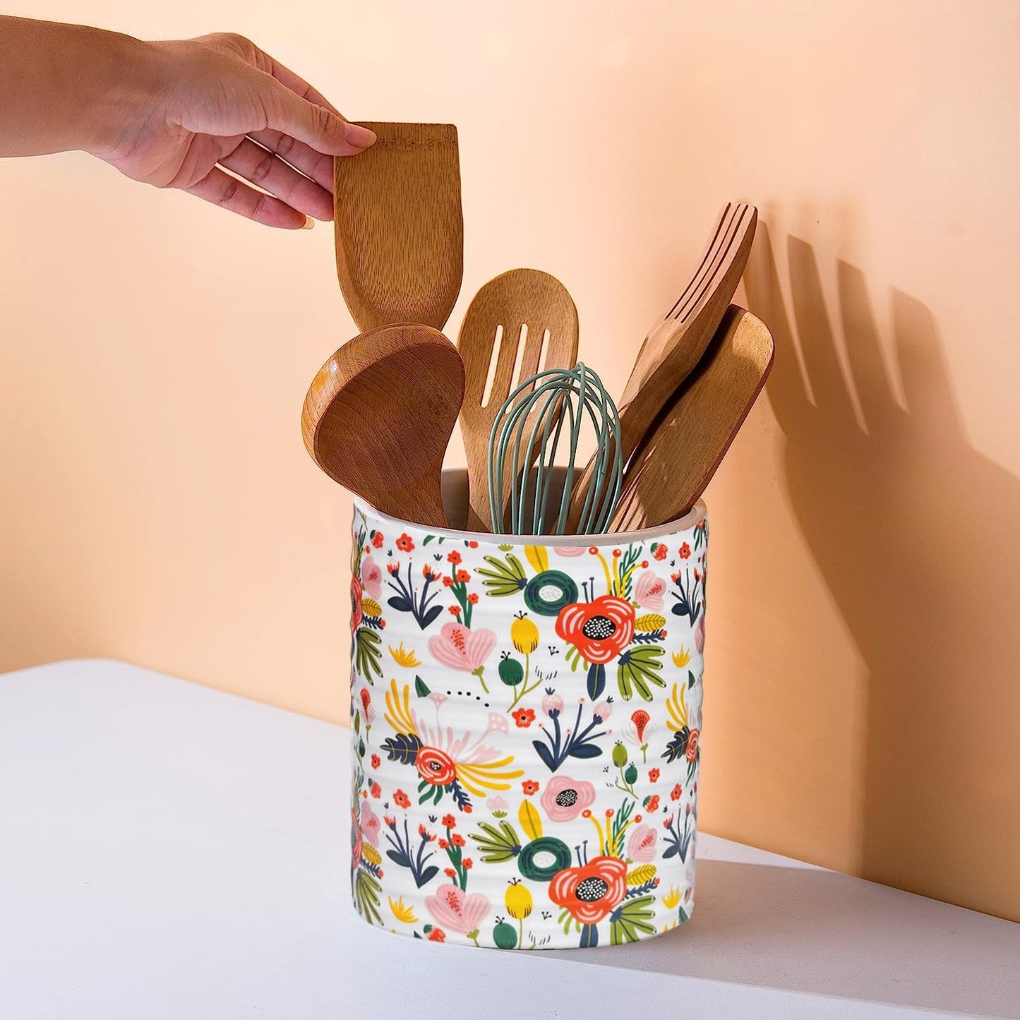 Kitchen Utensil Holder,7.2″Extra Large Stable Garden Floral Pattern Ceramic Utensil Crock,Flower Utensil Organizer for Countertop,Kitchen Decor,Utensil Holder for Housewarming,Wedding Gift