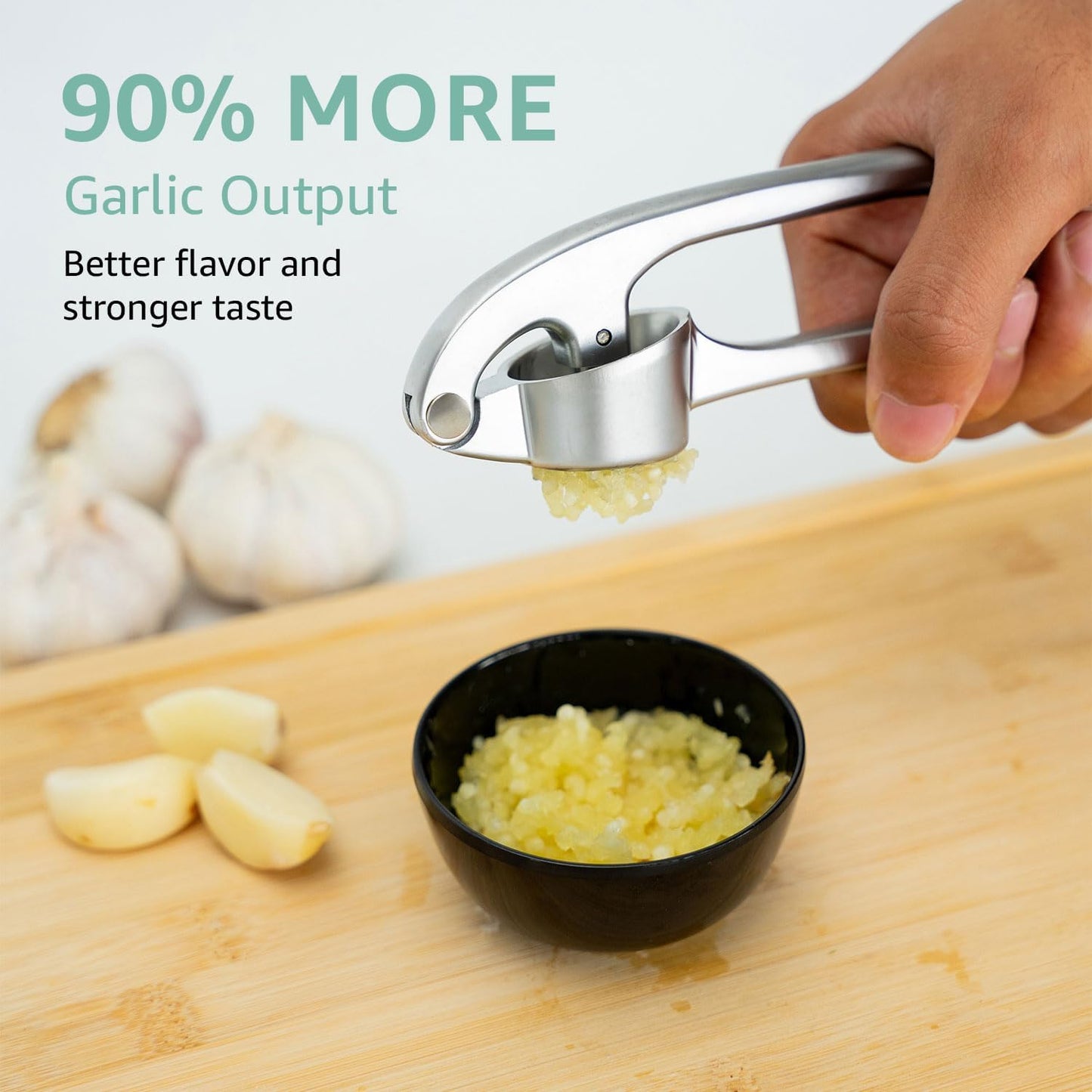 GD Garlic Press Crusher Mincer Tool - Dishwasher Safe & Rust Proof, Easy-Squeeze Garlic Smasher with Ergonomic Handle, Includes Silicone Garlic Peeler & Brush (Silver)