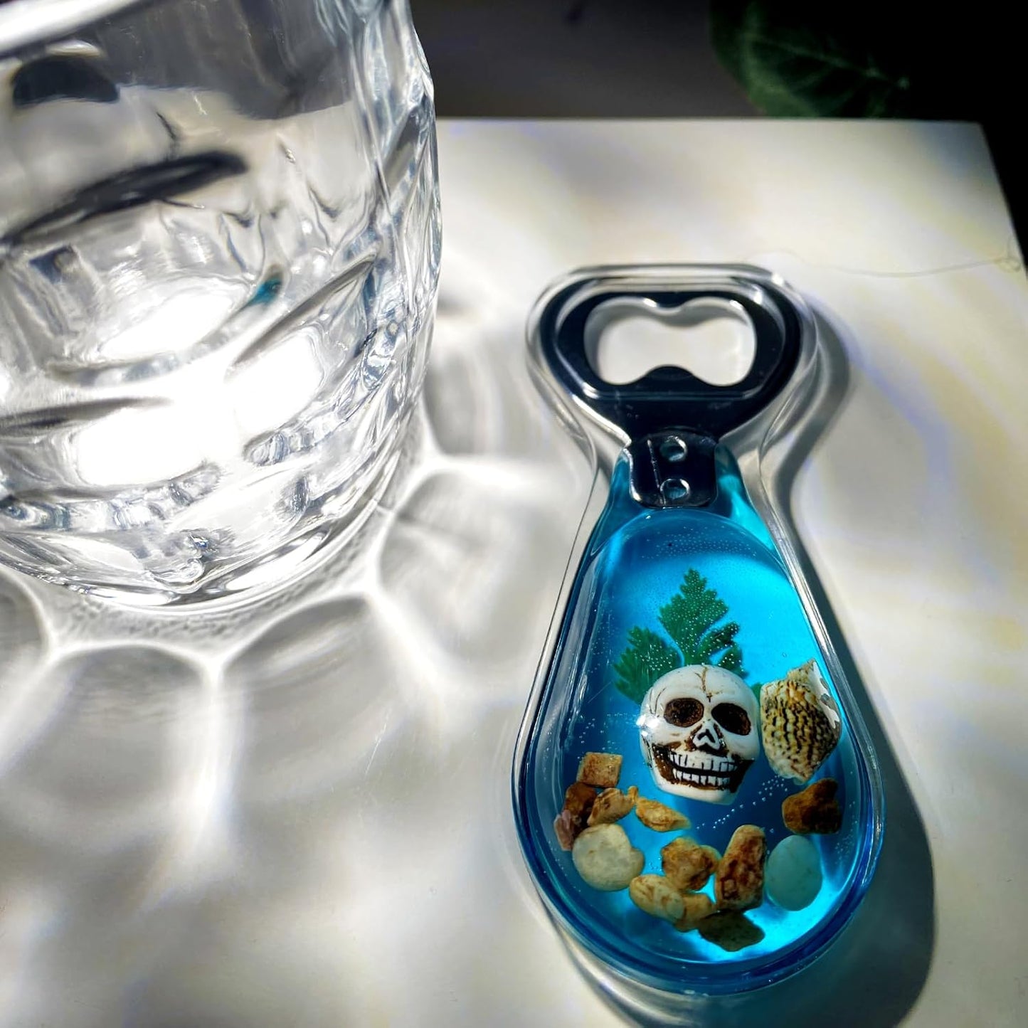 Halloween Ghost Skull Decor, Magnetic Bottle Opener, Original Design Skull Sinking in Ocean Blue Resin – Strong Magnet for Fridge – Gothic Halloween Gifts - Clear Blue