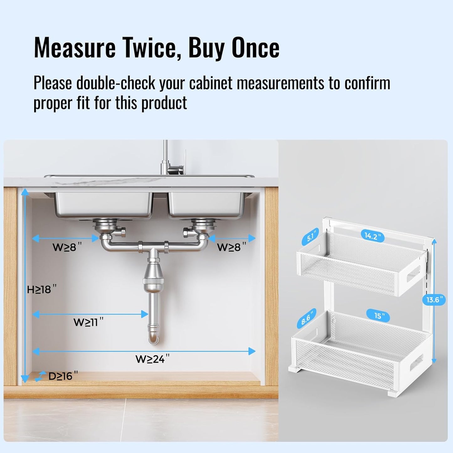 Full Metal Under Sink Organizer 2-Tier, Pull Out Cabinet Organizers and Storage, Silk-Smooth Sliding Drawer for Kitchen, Bathroom, Pantry, Cabinet, Closet (White, 2 Pack)