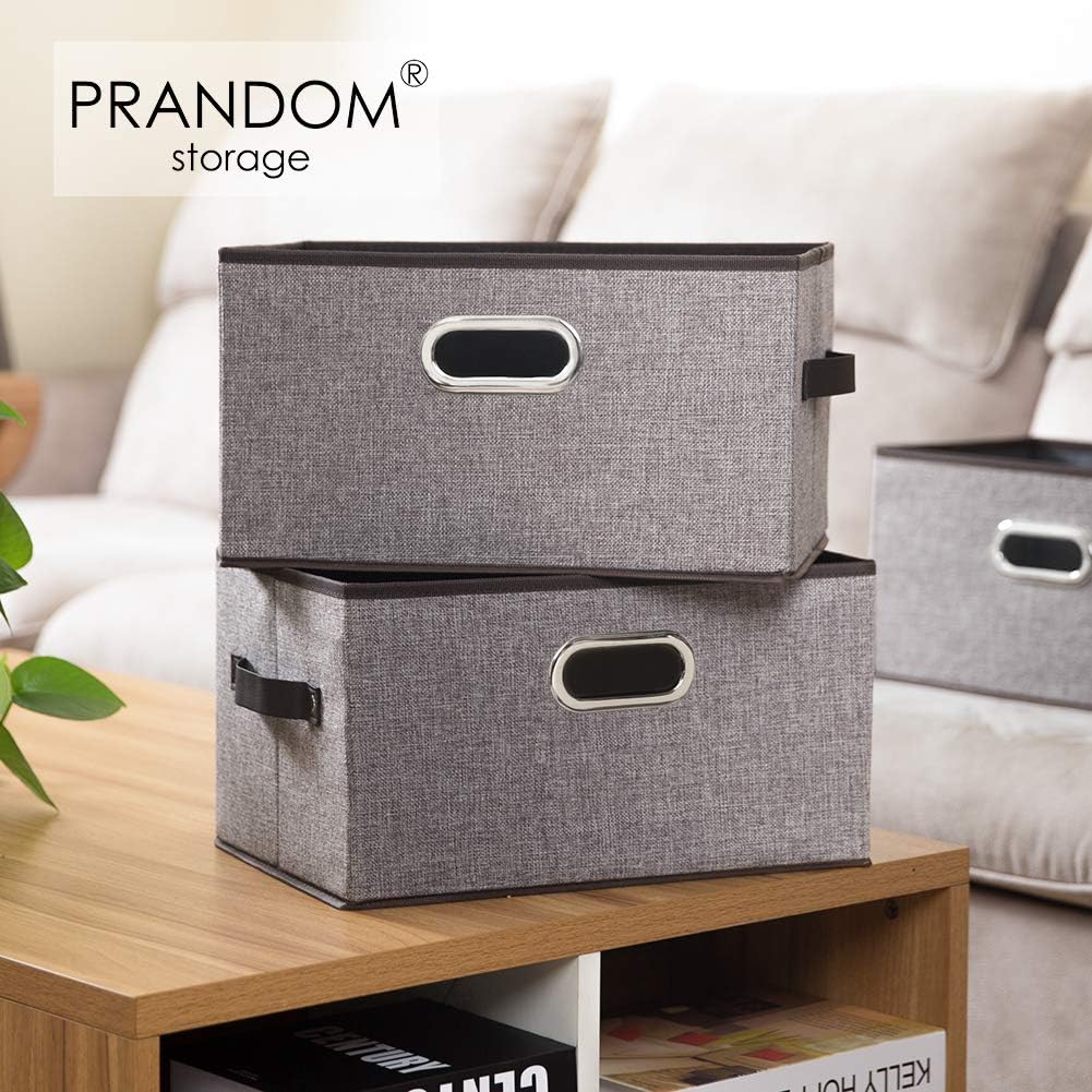 PRANDOM Large Foldable Storage Bins for Shelves [3-pack] Decorative Linen Fabric Storage Baskets Cubes with Leather/Metal Handles for Closet Nursery Office Grey and Black Trim (14.9x9.8x8.3 Inch)