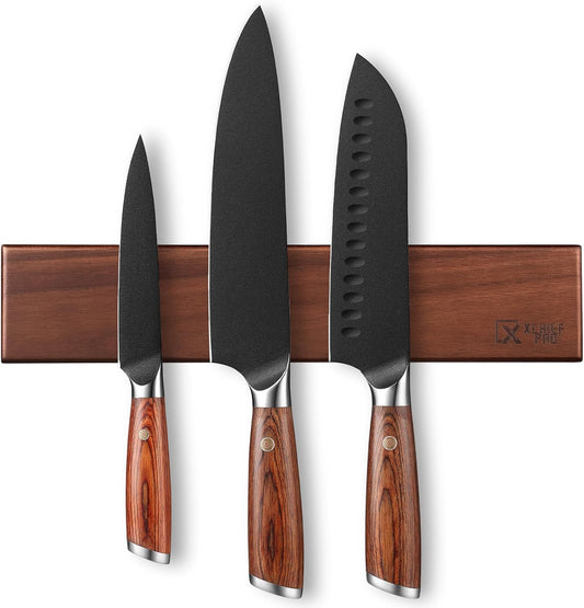 Kitchen Knife Set with Magnetic Holder, 4 Pieces Japanese High Carbon Stainless Steel Chef Cooking Knife Set, Ultra Sharp Professional Chef Santoku Utility Knives (Black)