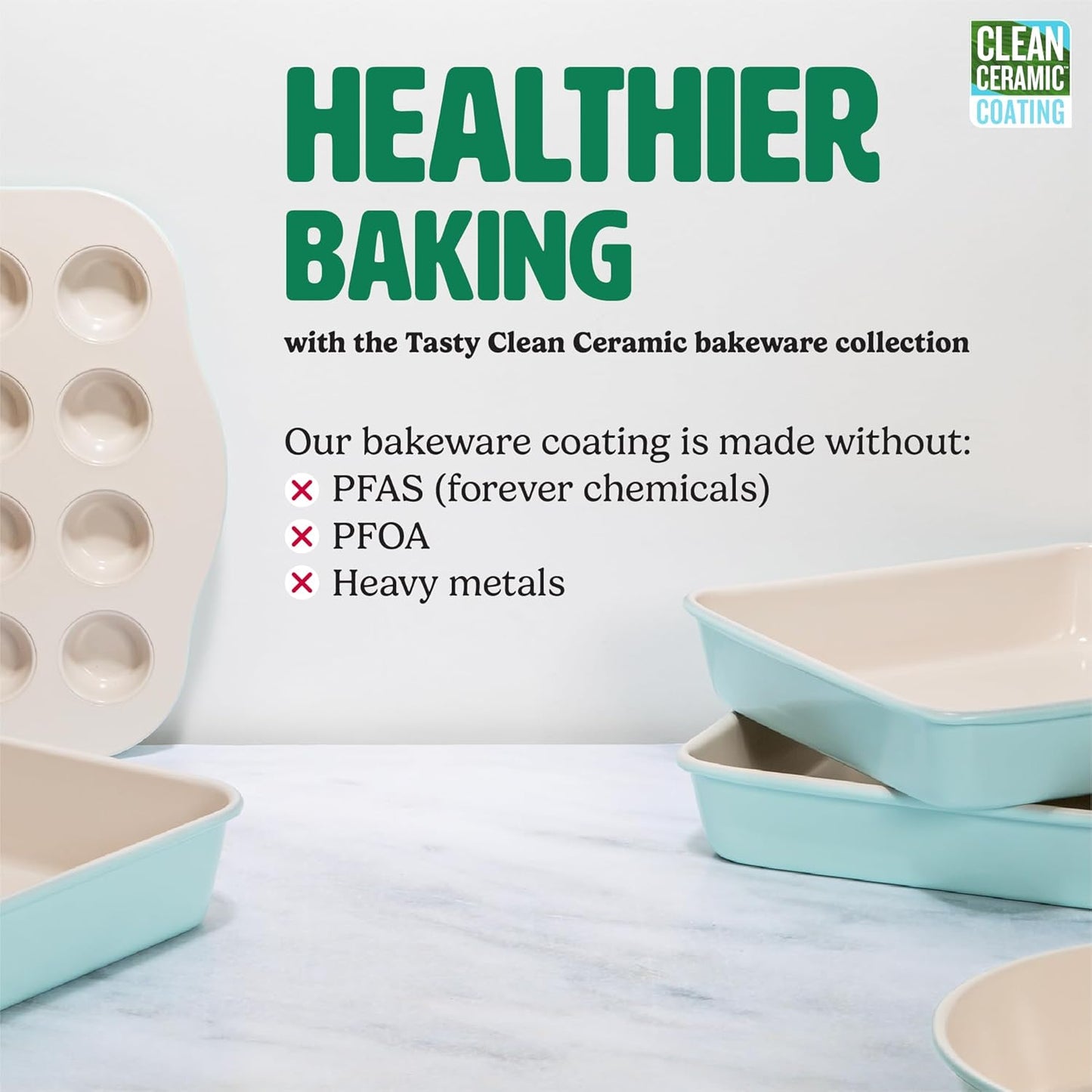 Tasty Clean Ceramic 24-Cup Mini Muffin Pan, Durable Aluminized Steel for Professional Results, Clean Ceramic Nonstick Coating, Oven Safe to 425°F, Dishwasher Safe, Aqua