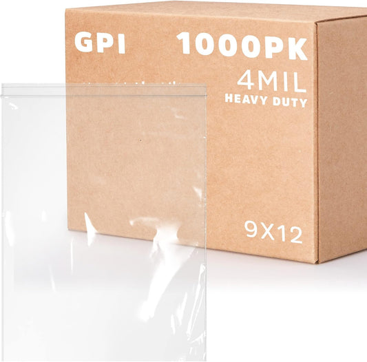 GPI - 9" X 12" Bulk Pack of 1000, 4 Mil Thick, Heavy Duty, Clear Plastic Reclosable Freezer Zip Bags, Strong & Durable Poly Baggies with Resealable Zipper Top Lock.