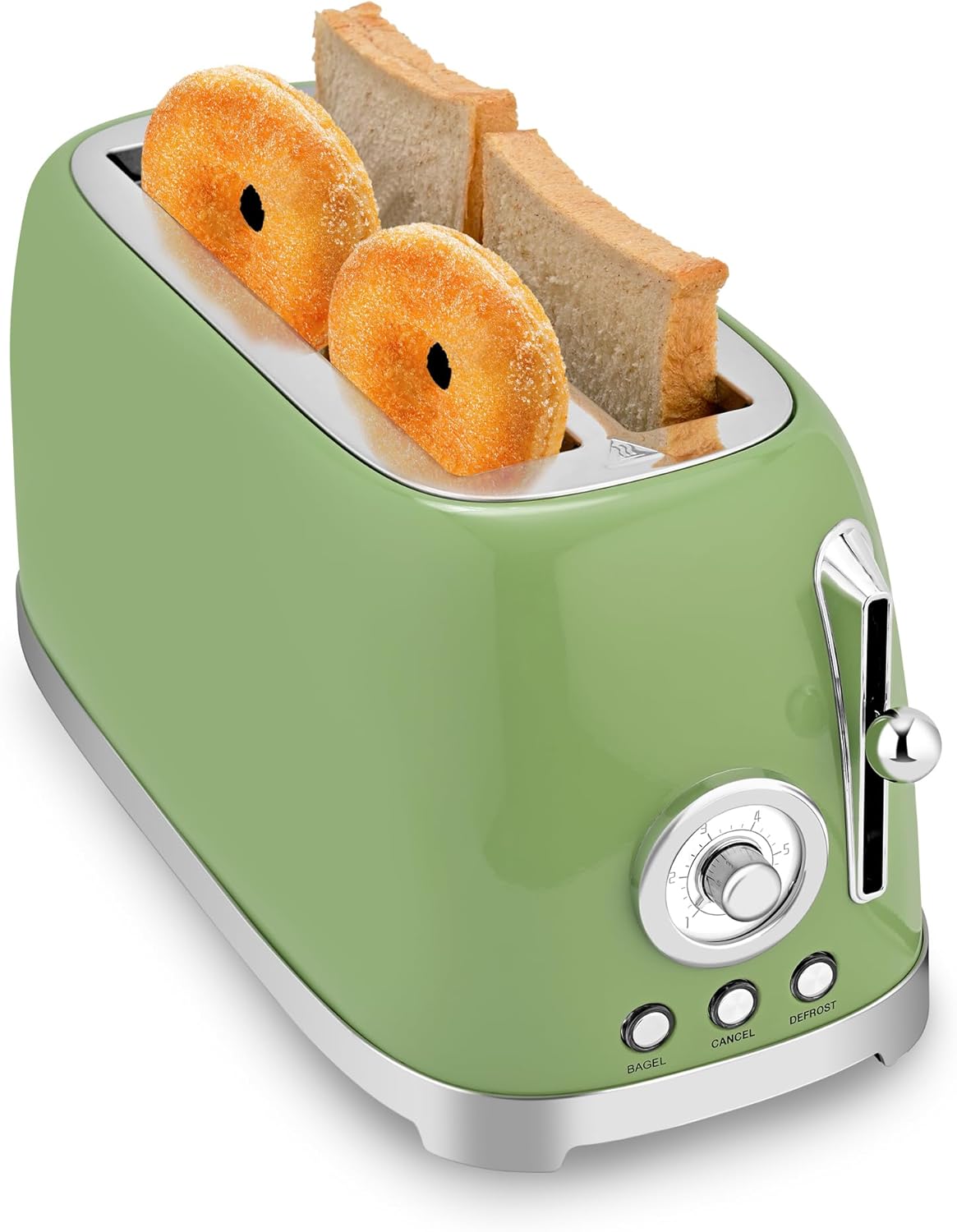 SUSTEAS Toaster 4 Slice Wide Slot, Stainless Steel Bread Bagel Toasters, Retro Long Slot Tostadora for Defrost, Reheat, Removable Crumb Tray, 1500W, 6 Browning Settings, Retro Green