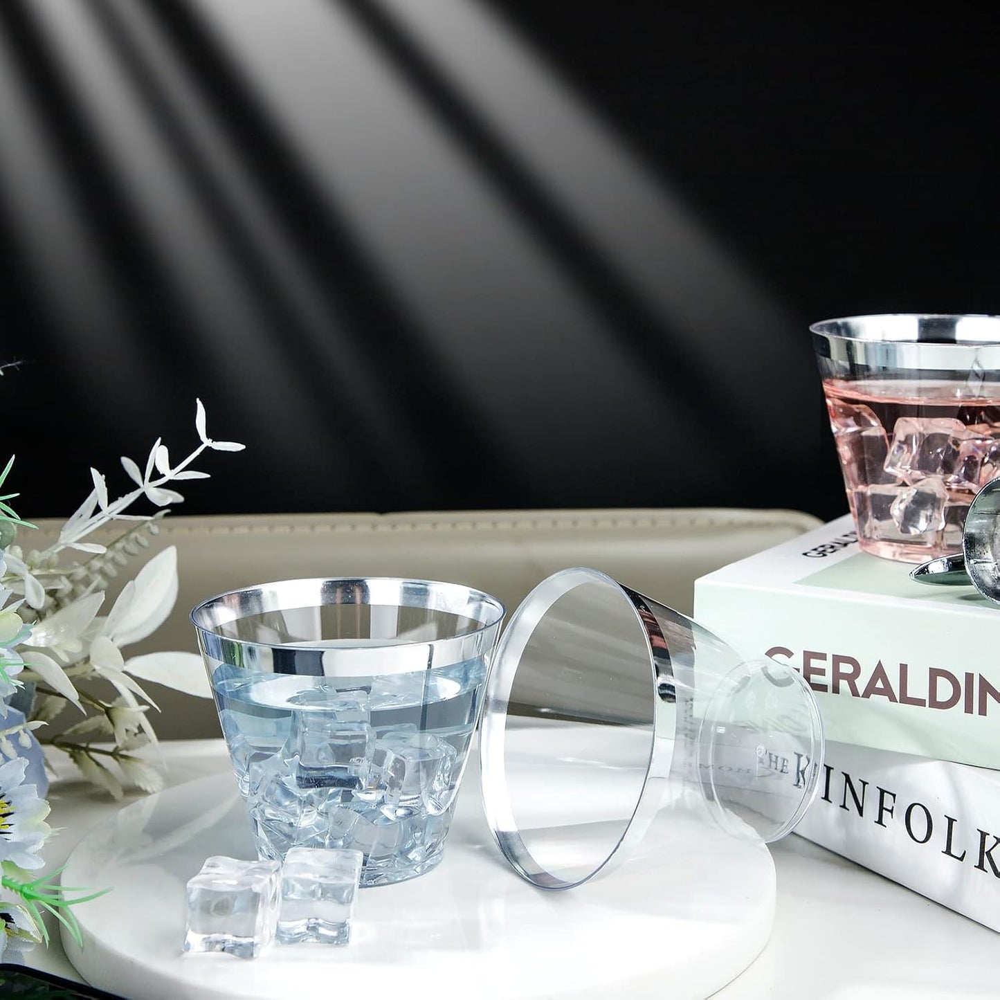 I00000 200pcs Silver Disposable Plastic Cups - 9 oz Clear Plastic Old Fashioned Tumblers - Fancy Wedding & Party Cups - Elegant Silver Wine & Cocktail Glasses